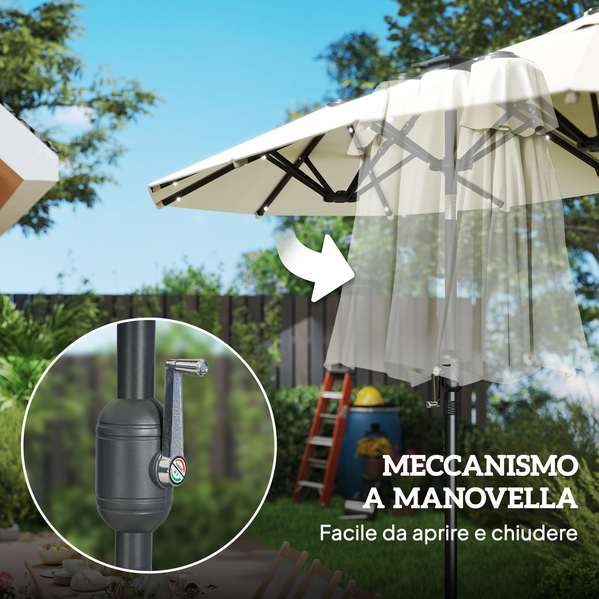 Ombrellone da giardino con meccanismo a manovella, aperto e chiuso. Facile da usare.