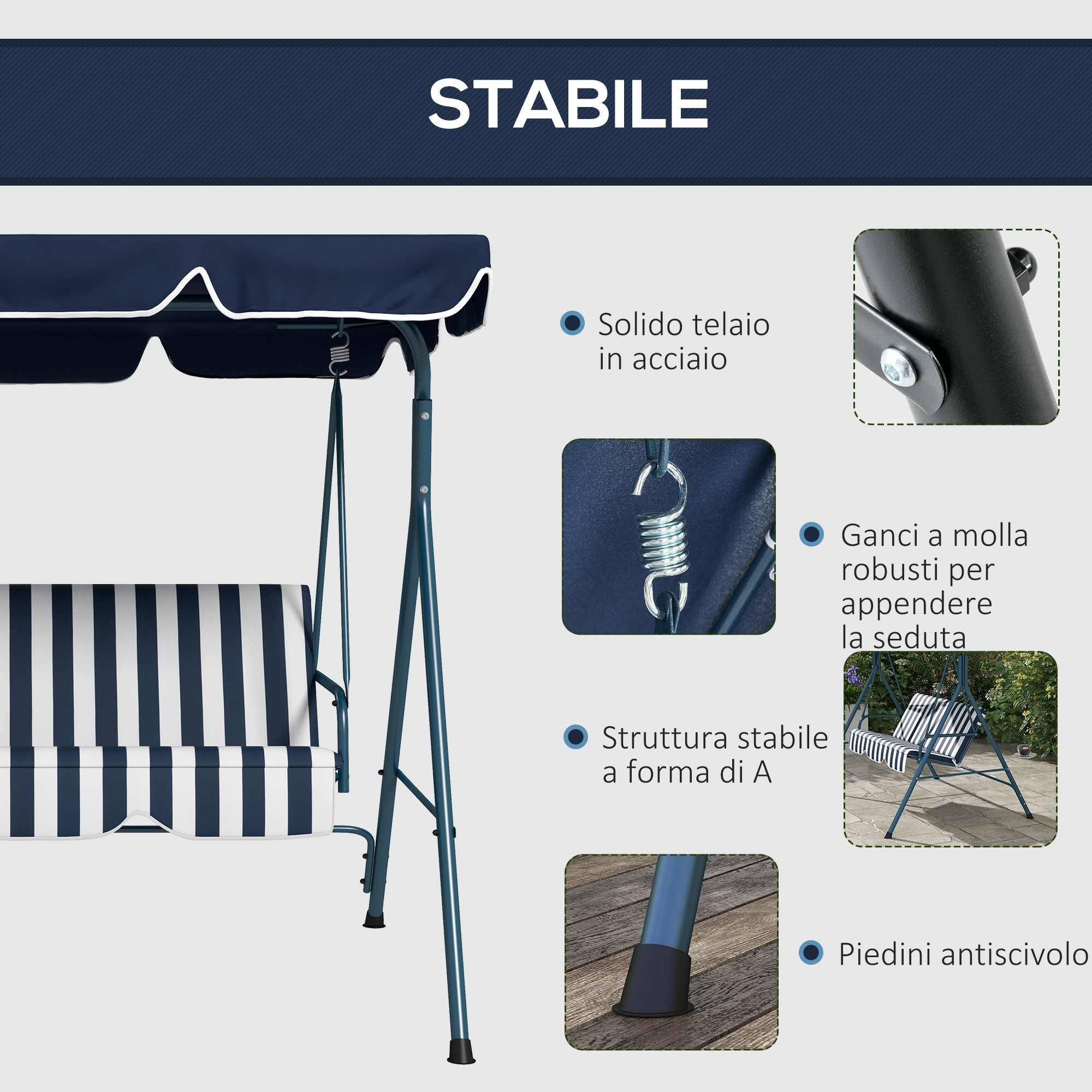 Struttura dondolo blu con cuscino a righe e solido telaio in acciaio.