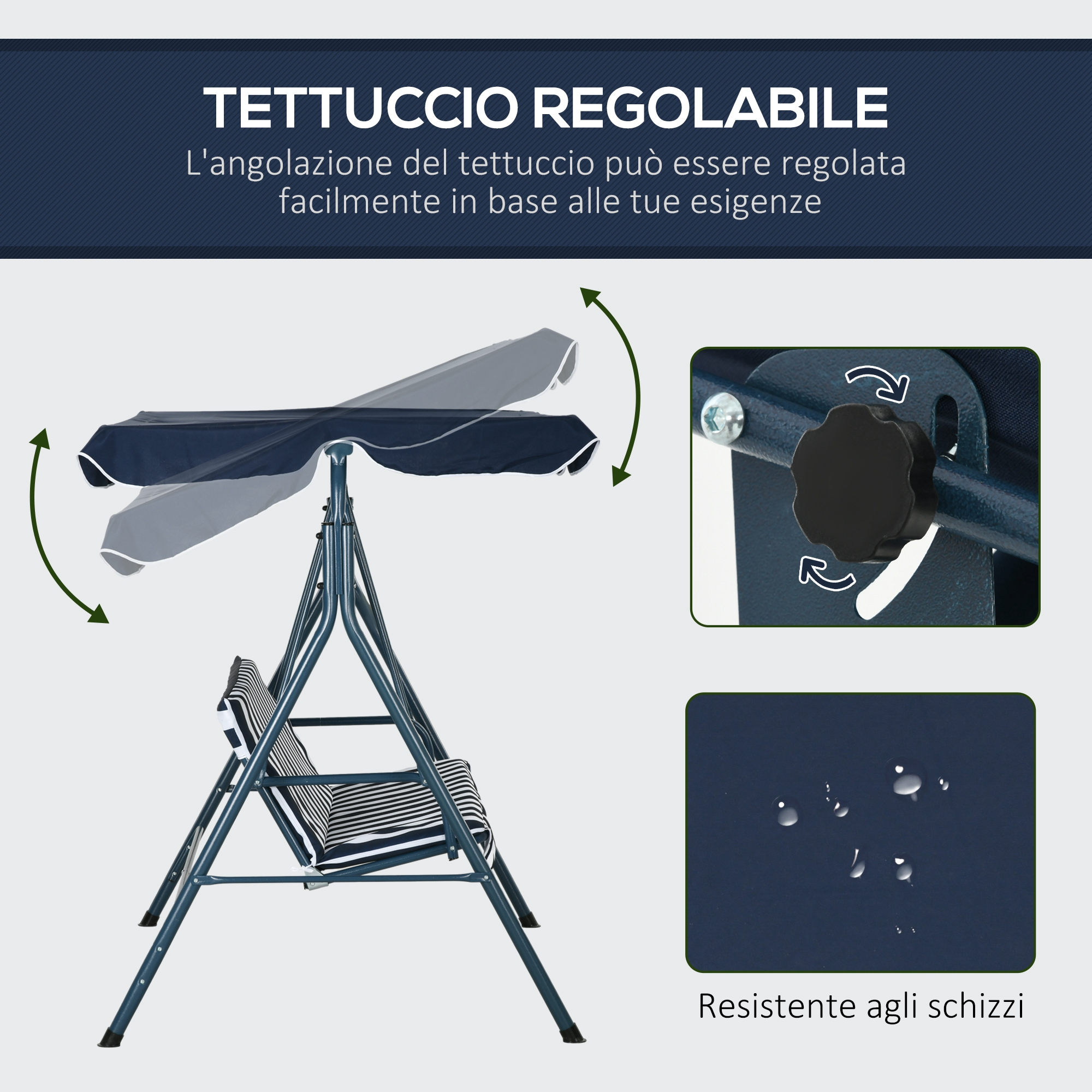 Tettuccio regolabile: Un sedile a dondolo blu con tettuccio regolabile.