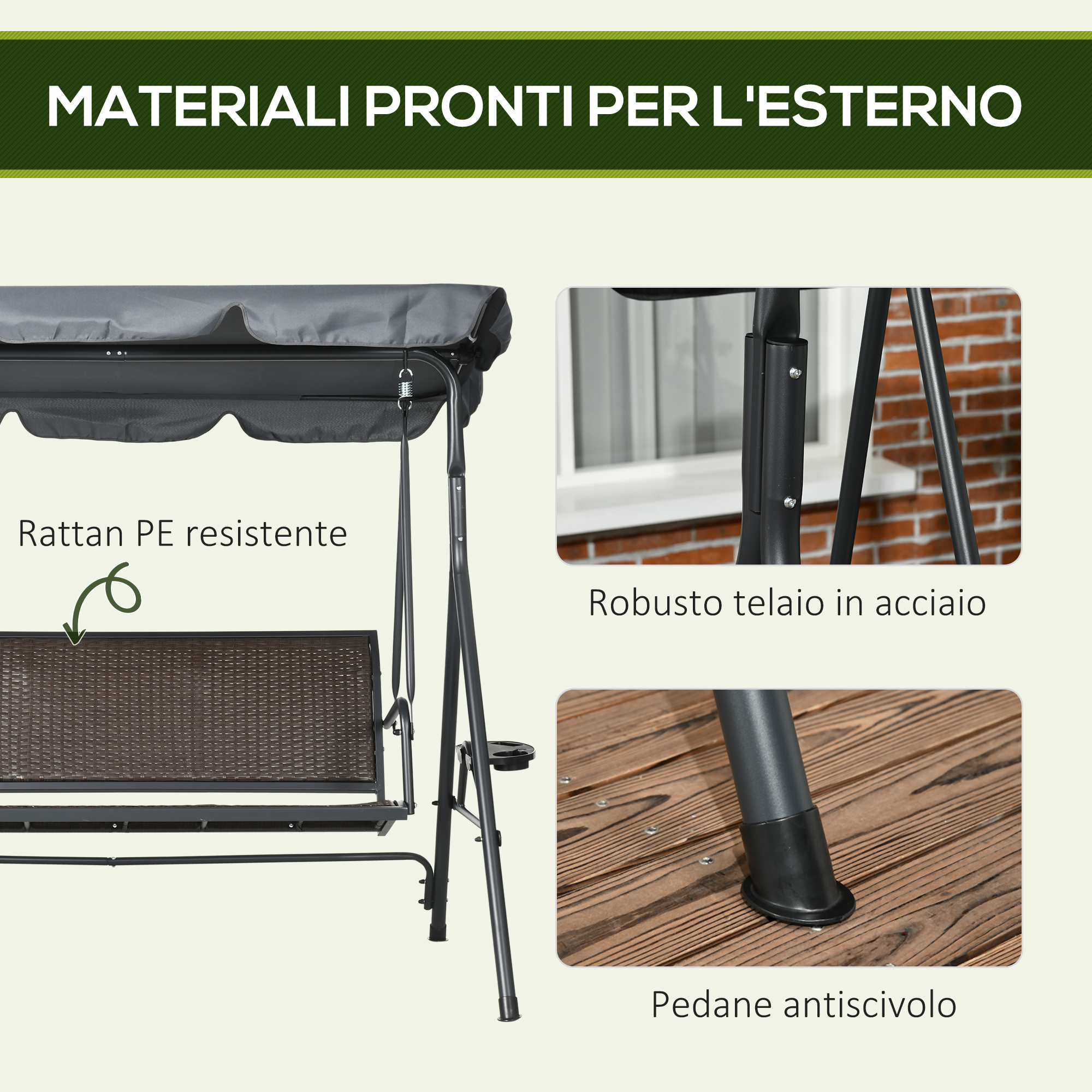 Altalena da esterno con telaio in acciaio robusto, seduta in rattan PE e piedini antiscivolo.
