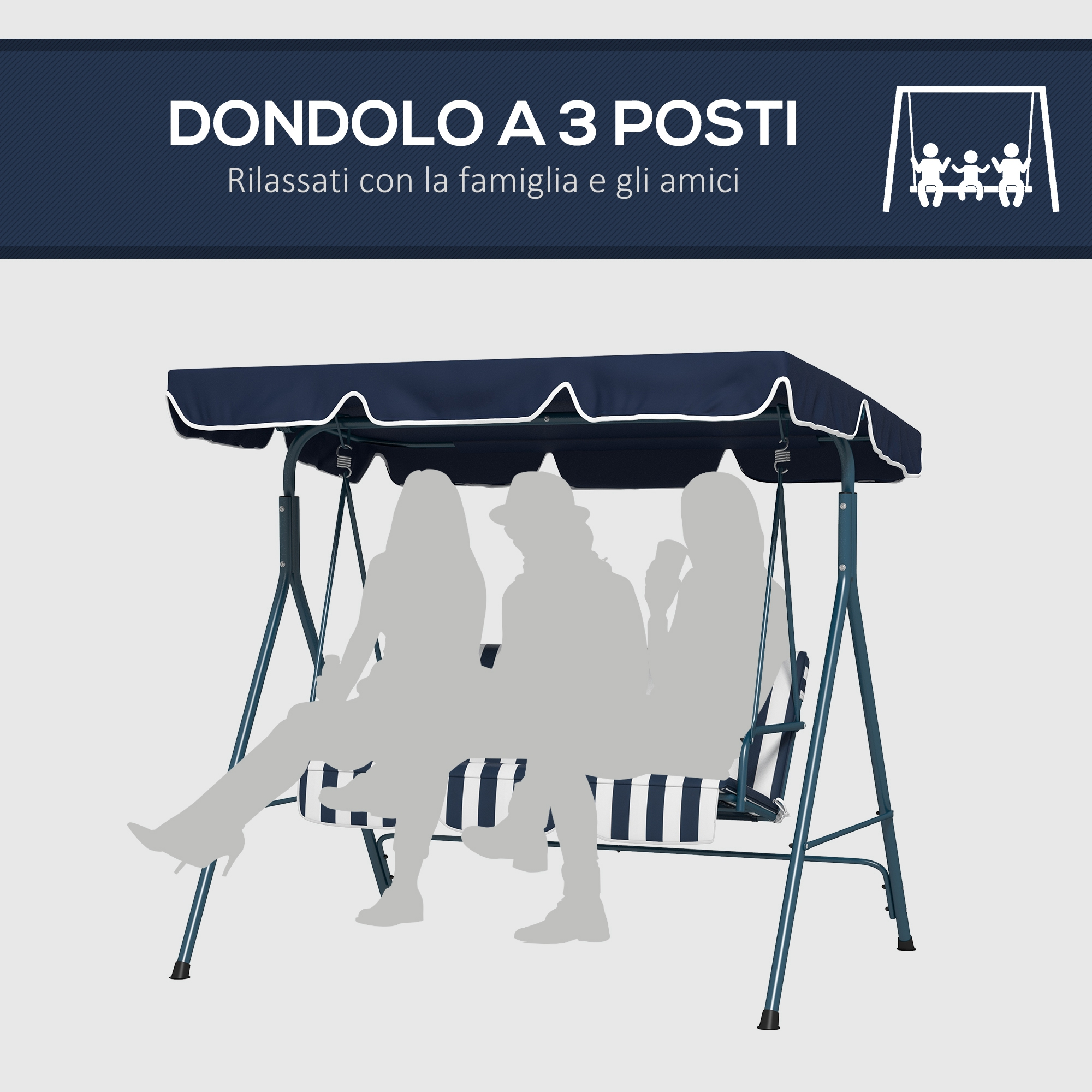 Un'altalena blu a 3 posti con tre figure in silhouette sedute.