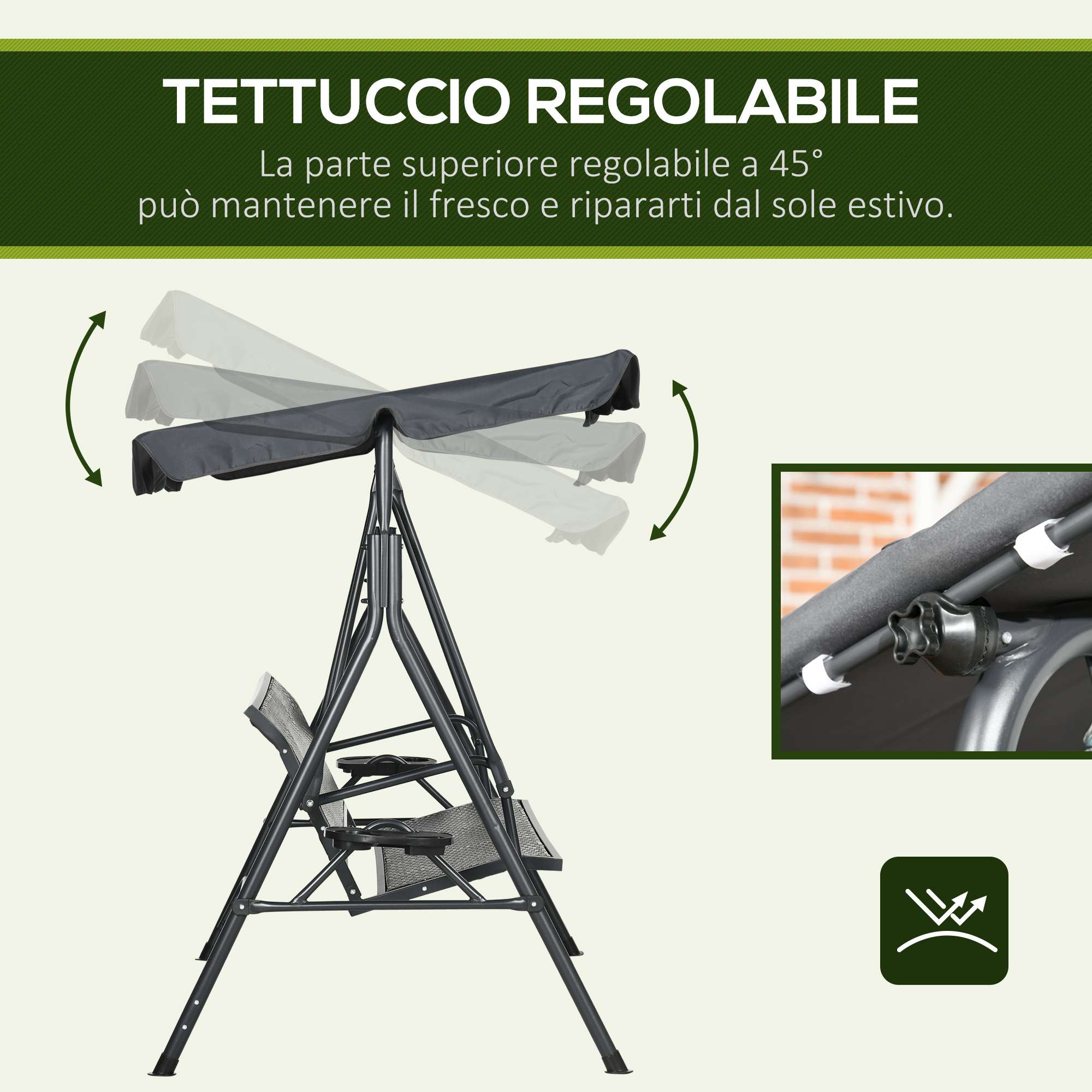 Tettuccio regolabile su un sedile da altalena, mostrato inclinato in varie angolazioni.