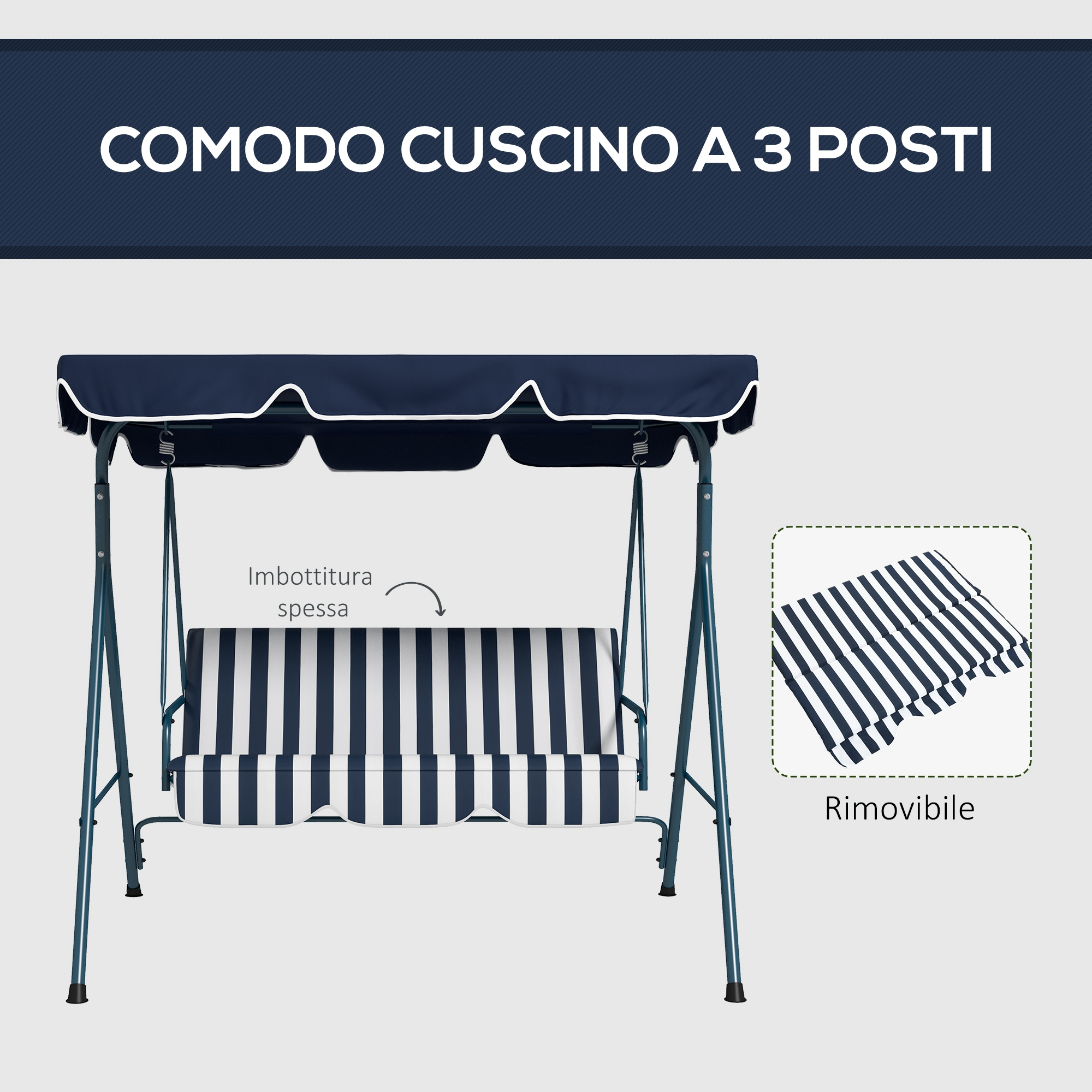 Un sedile a dondolo blu navy per 3 persone con cuscini a righe e tettoia.