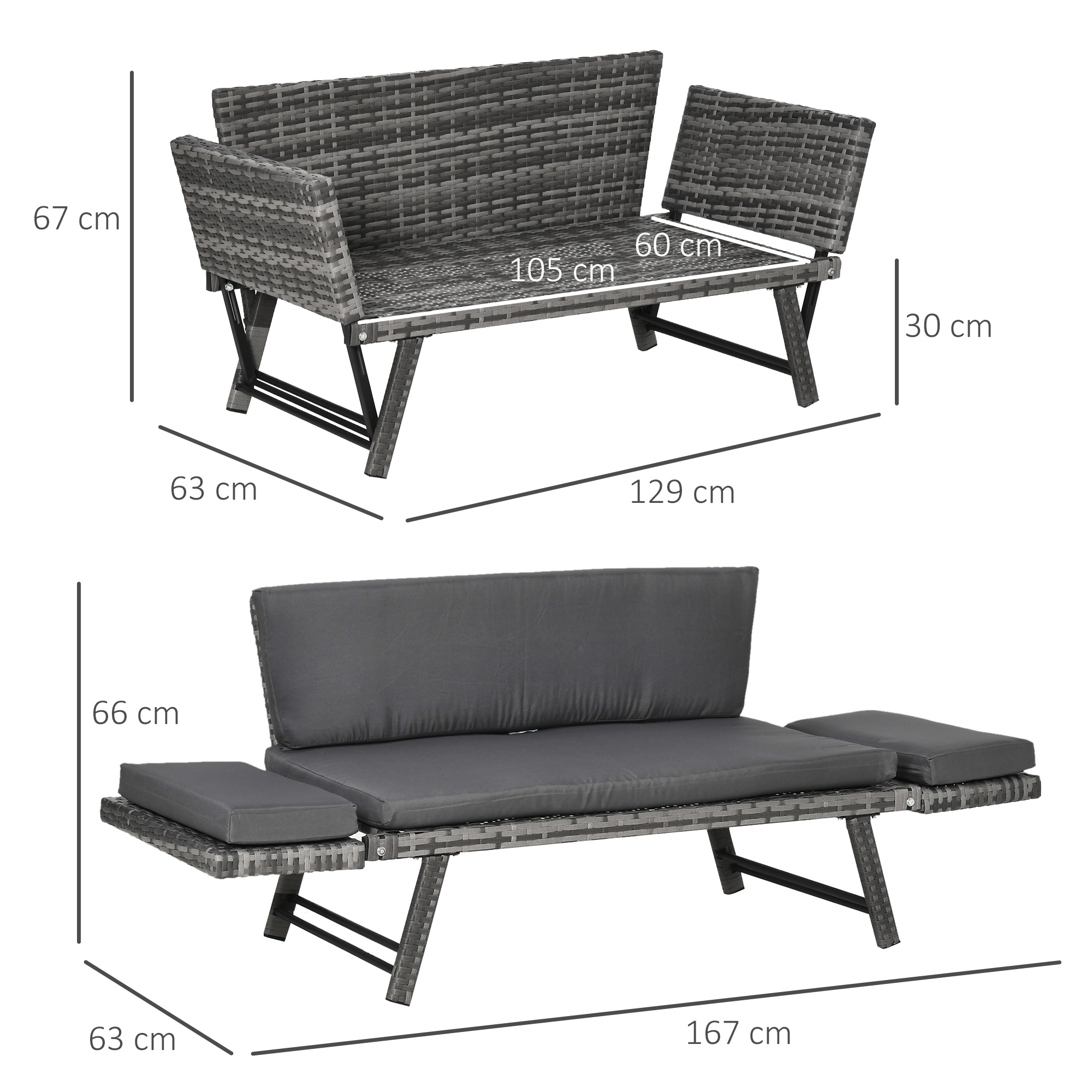Due viste di una panchina in rattan grigio con dimensioni. Vista superiore aperta, vista inferiore con cuscini.
