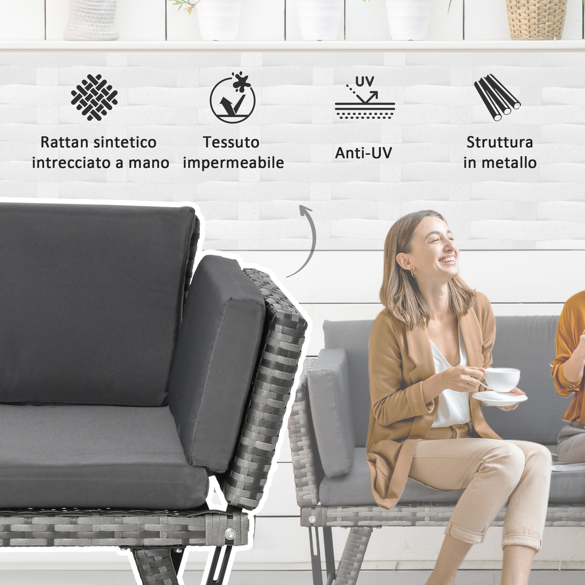 Rattan intrecciato, impermeabile, anti-UV, divano metallo.