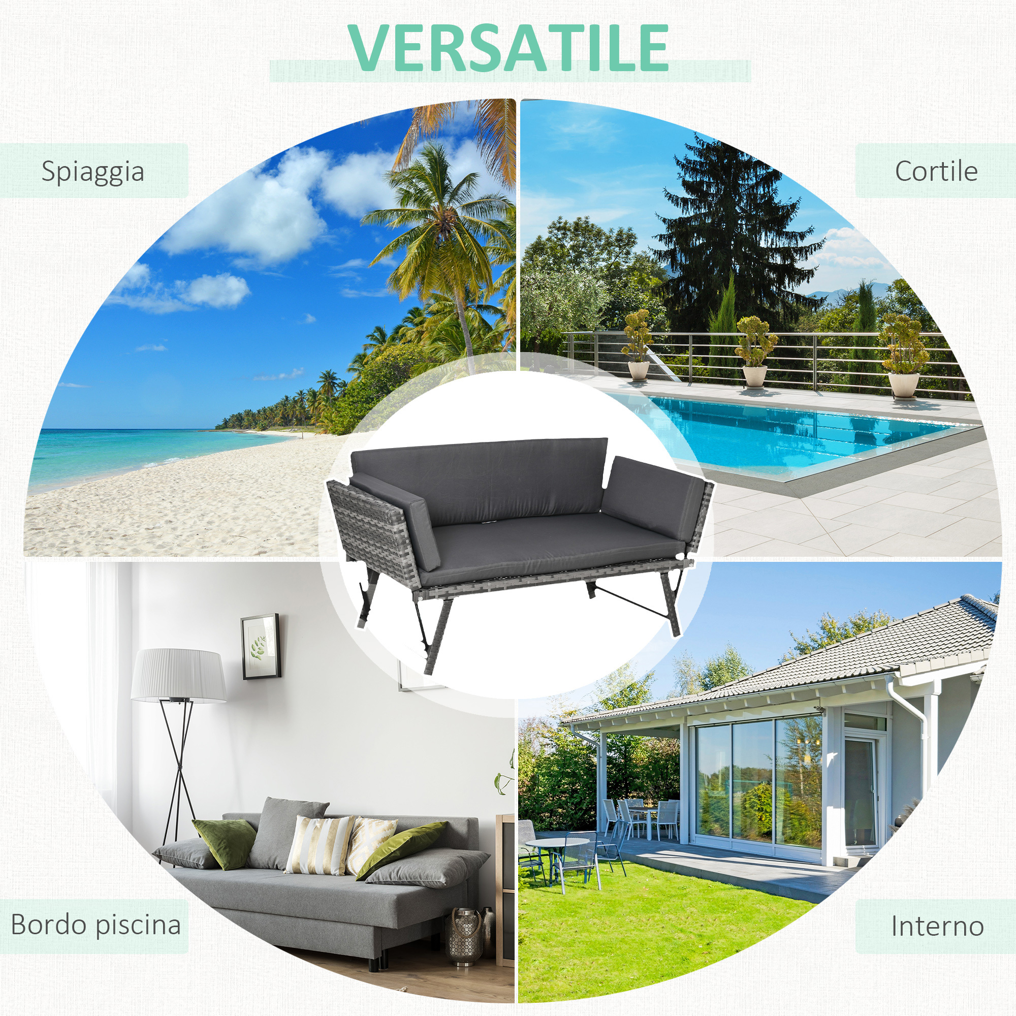 Quattro immagini mostrano un divano in rattan grigio, spiaggia, piscina e interno.