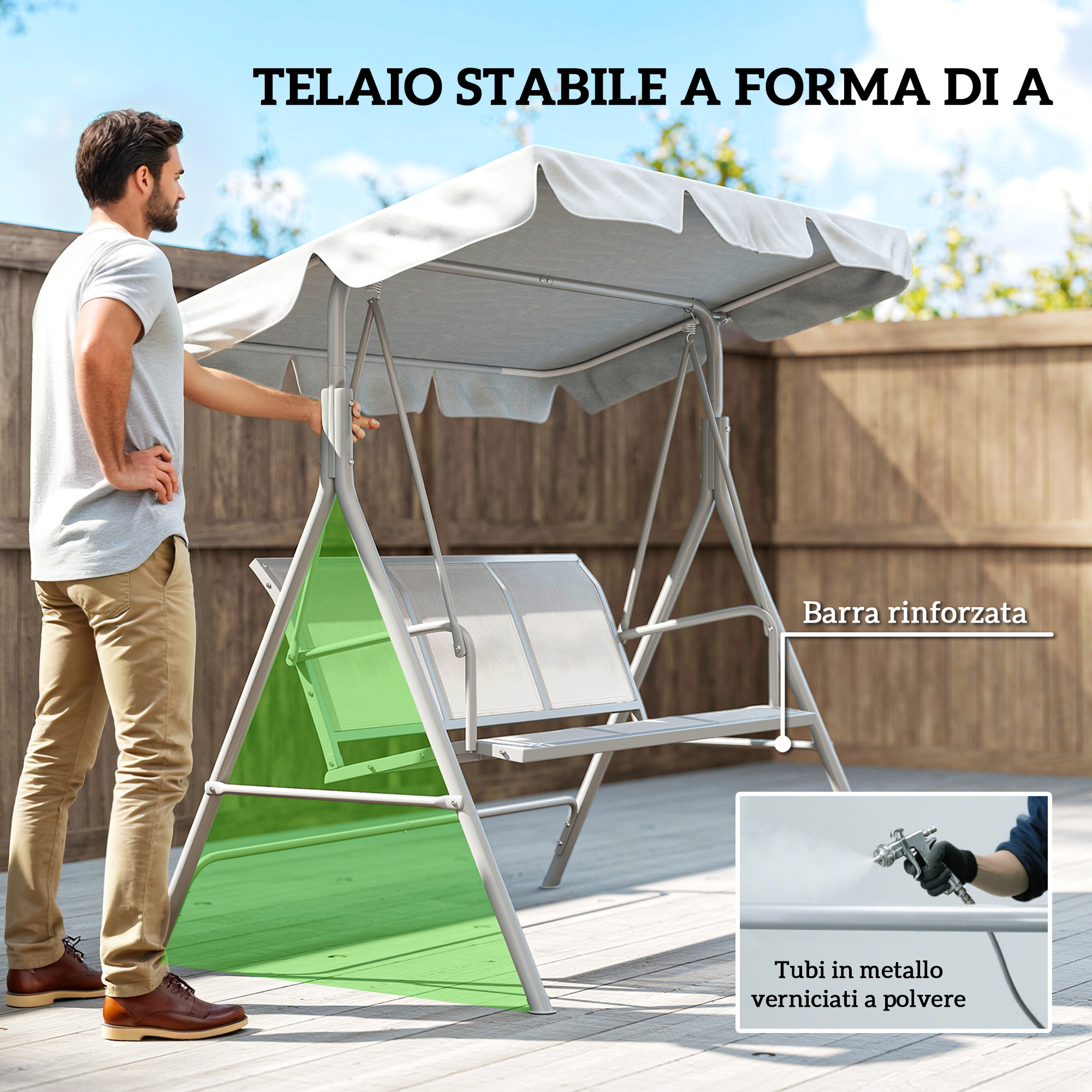Uomo accanto a un'altalena a telaio ad A con baldacchino bianco.