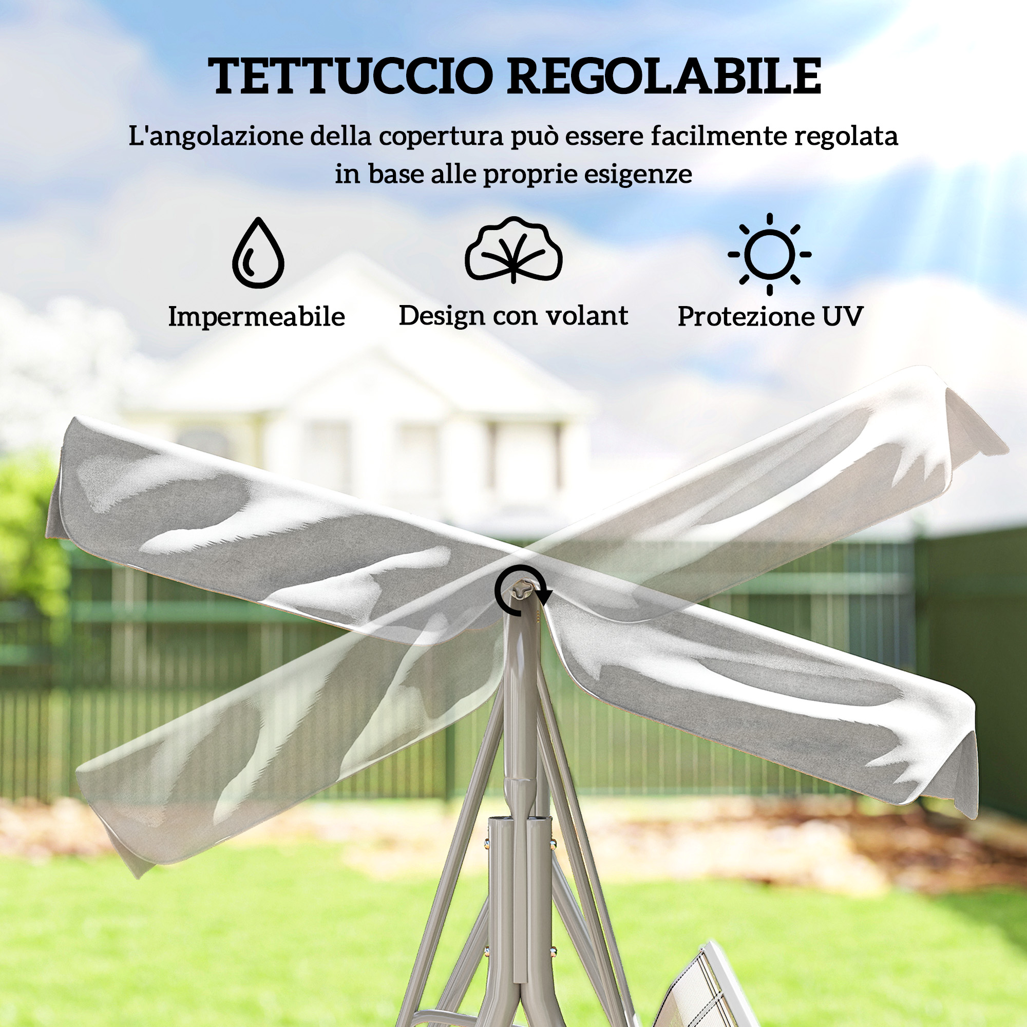 Tettuccio regolabile con icone impermeabile, design e protezione UV.