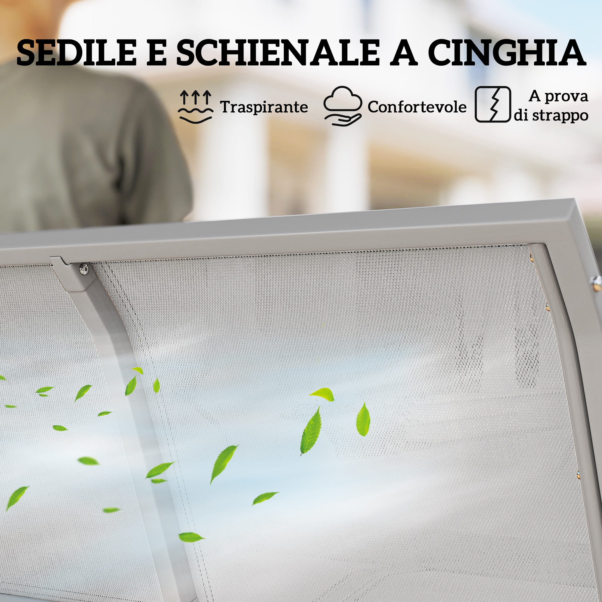 Un uomo siede su una sedia a rete con foglie che volano.