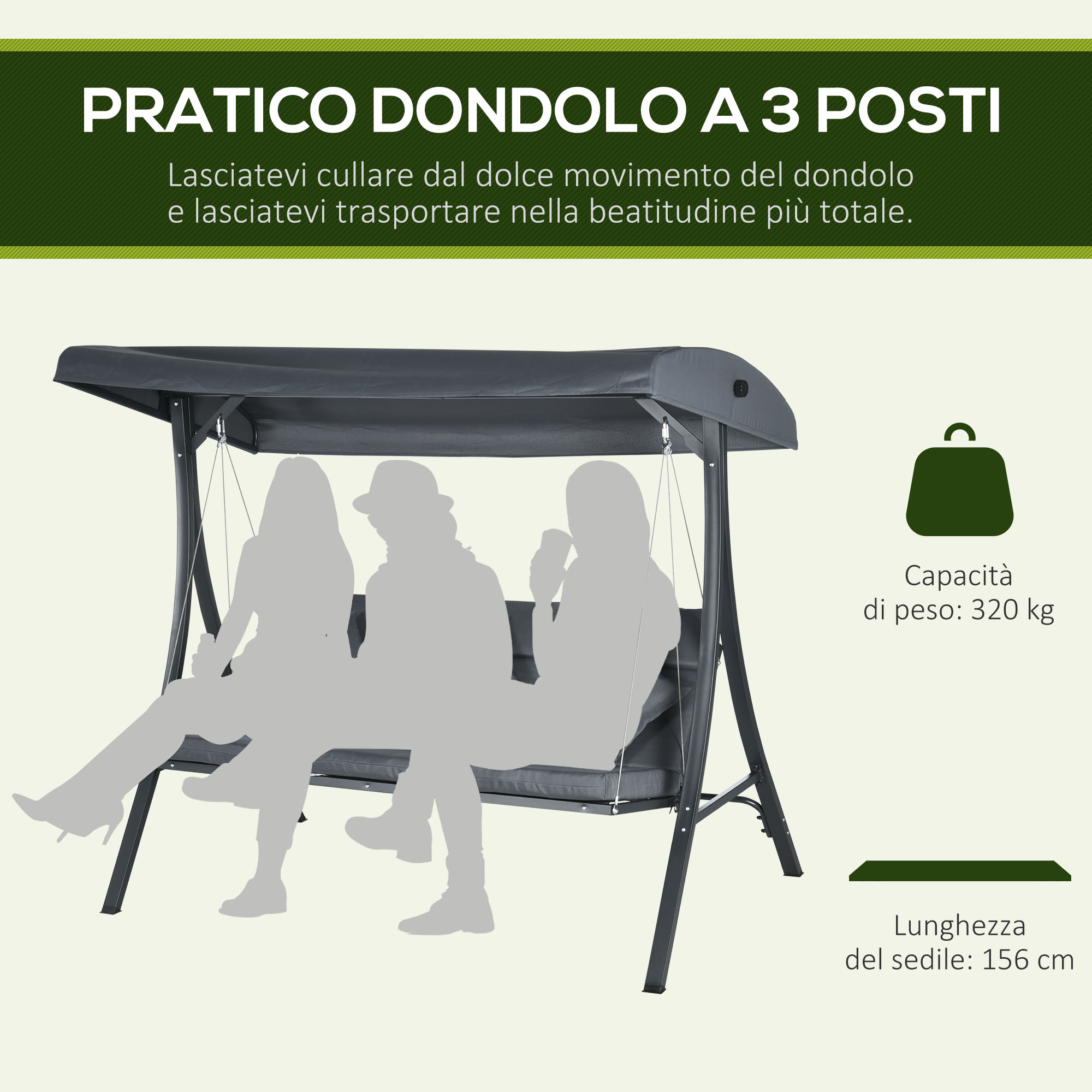 Altalena grigia 3 posti con tettuccio grigio e tre silhouette. Max 320 kg.