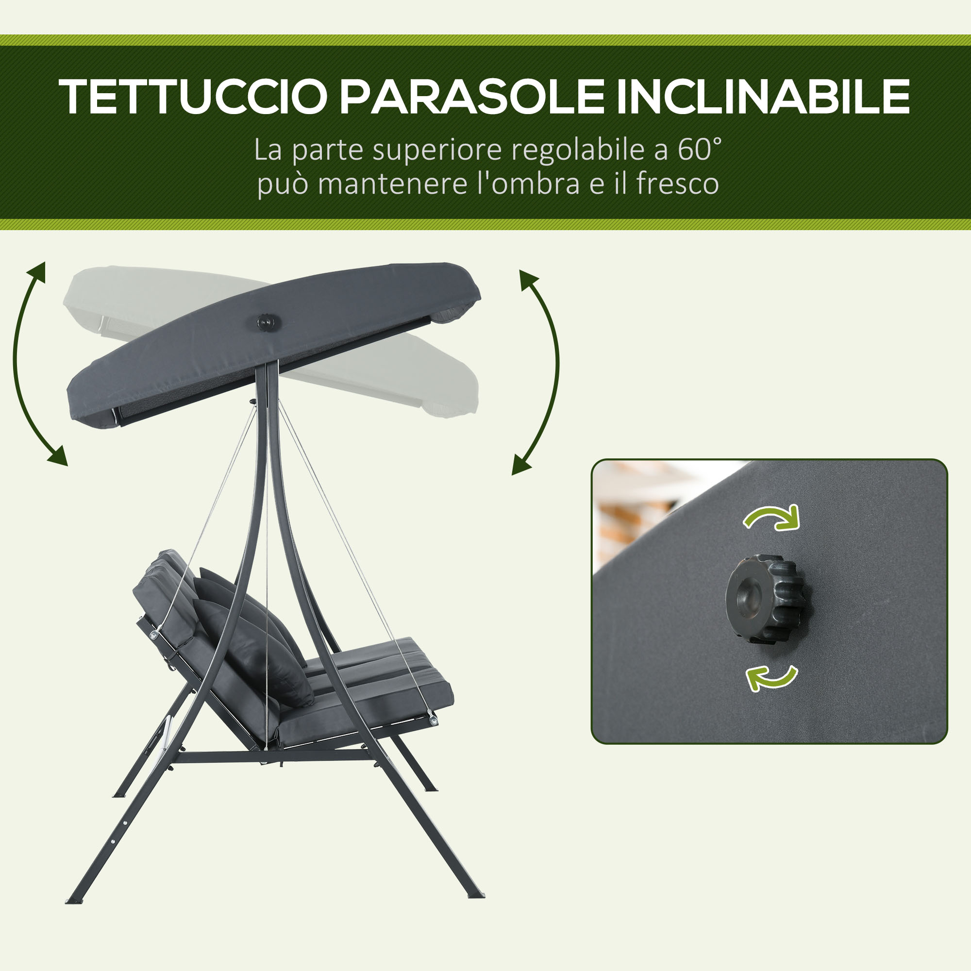 Altalena da giardino grigia con tettuccio regolabile e dettaglio manopola.