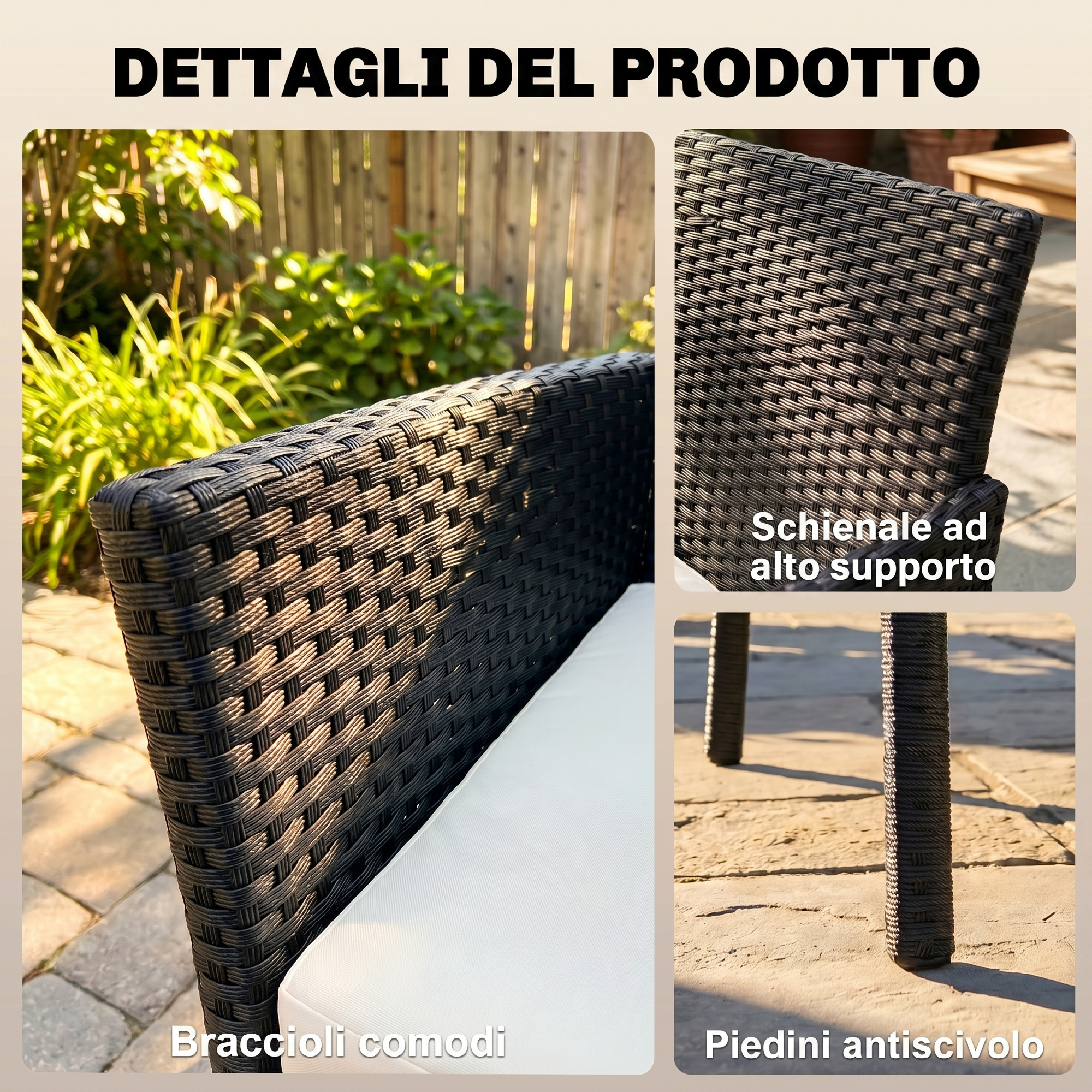 Mobili intrecciati con cuscini e gambe all'aperto.