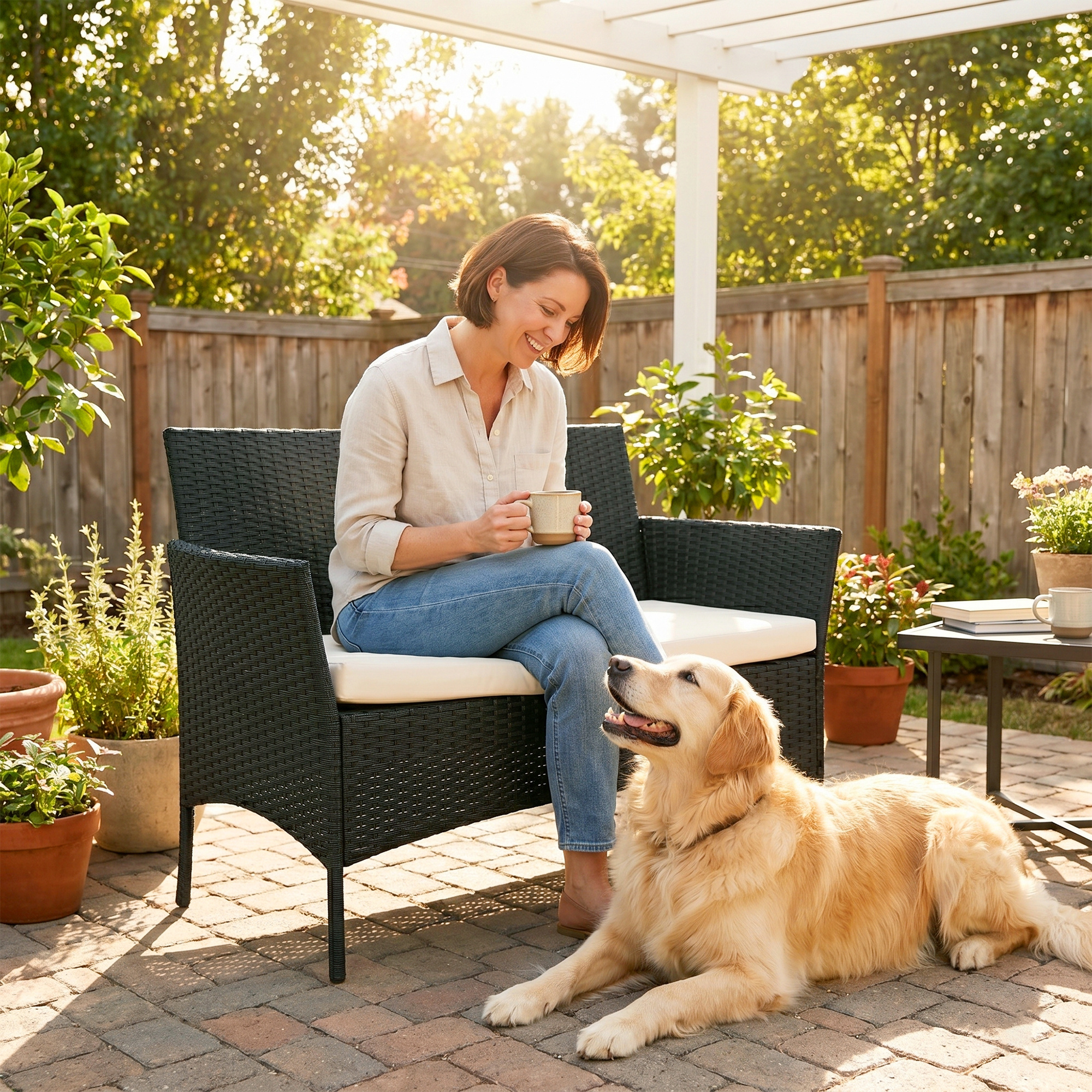 Donna seduta su panca da giardino con caffè, Golden Retriever sdraiato vicino.