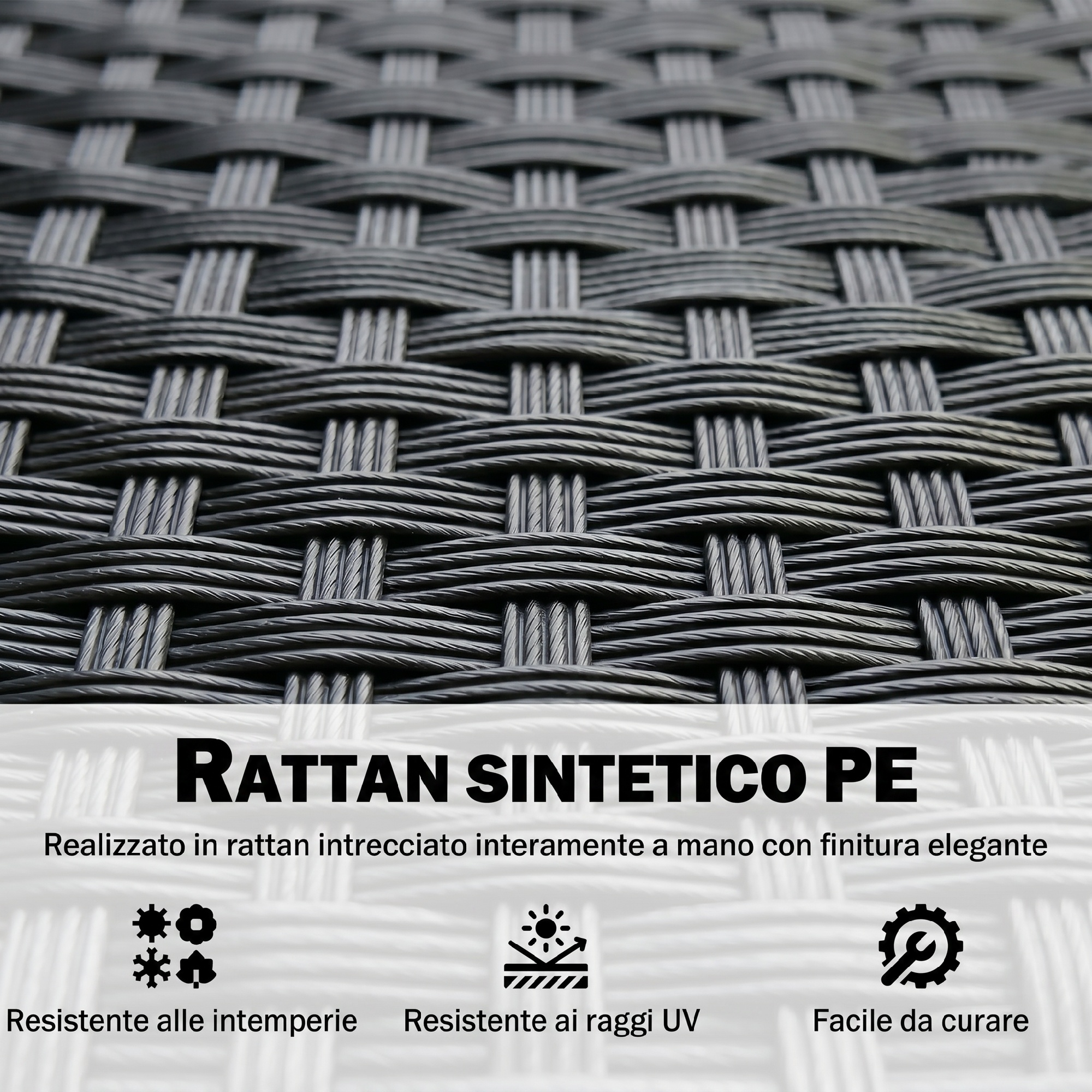 Primo piano di materiale in rattan PE intrecciato nero con testo.