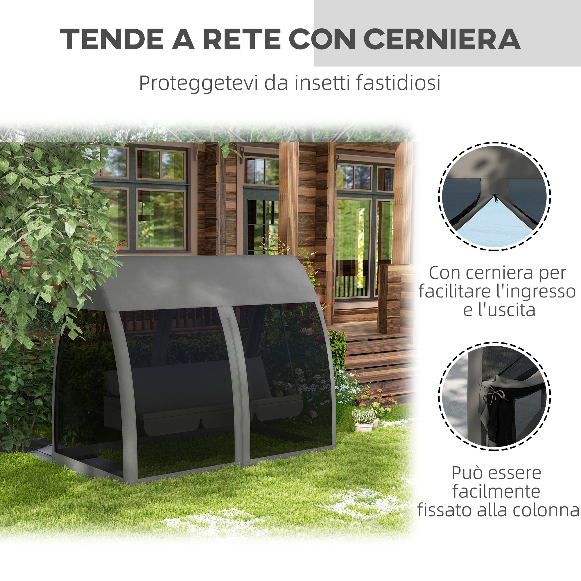 Un recinto in rete grigia con cerniera davanti a una casa di legno in giardino.