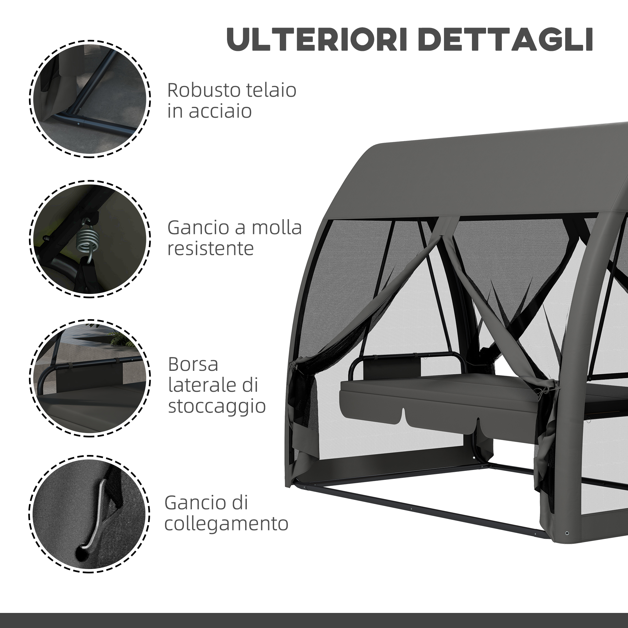 Un divano da giardino con struttura in acciaio, gancio a molla e tasca.