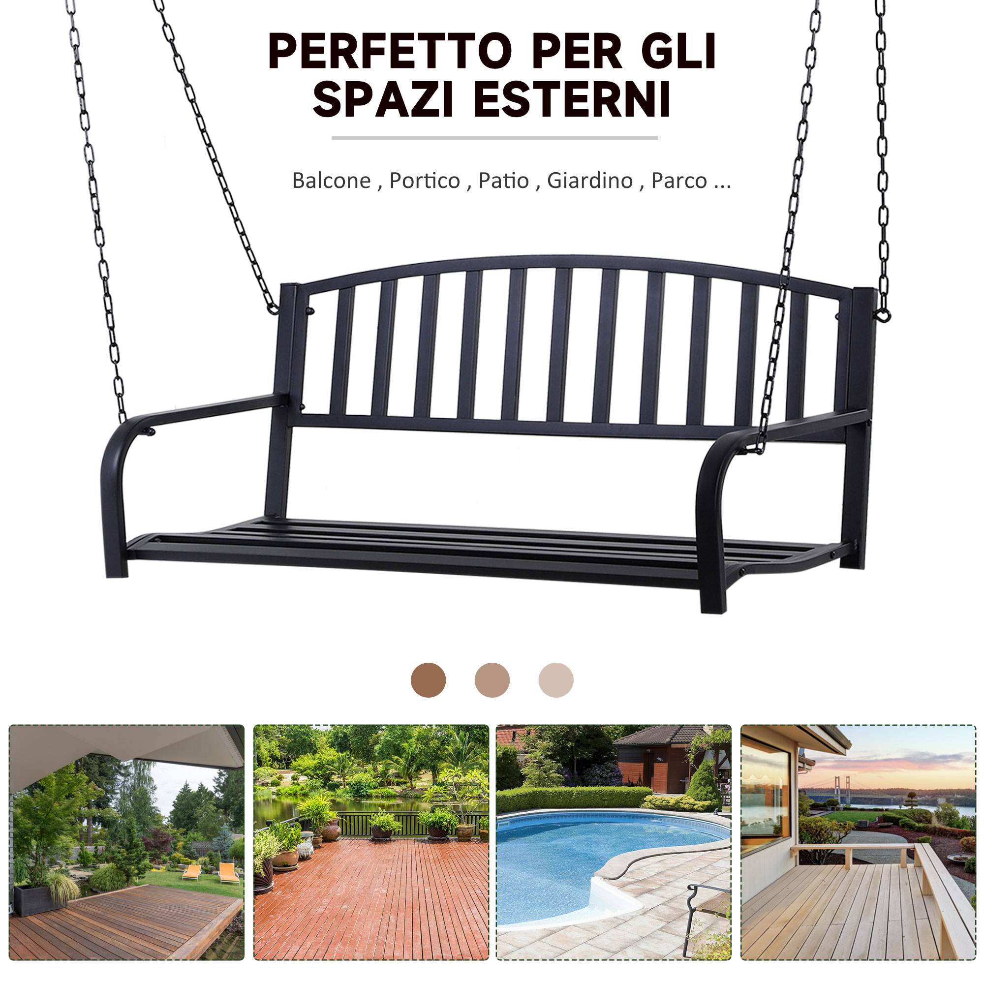 Sedile oscillante in metallo nero con catena, con quattro esempi di scene esterne sotto.