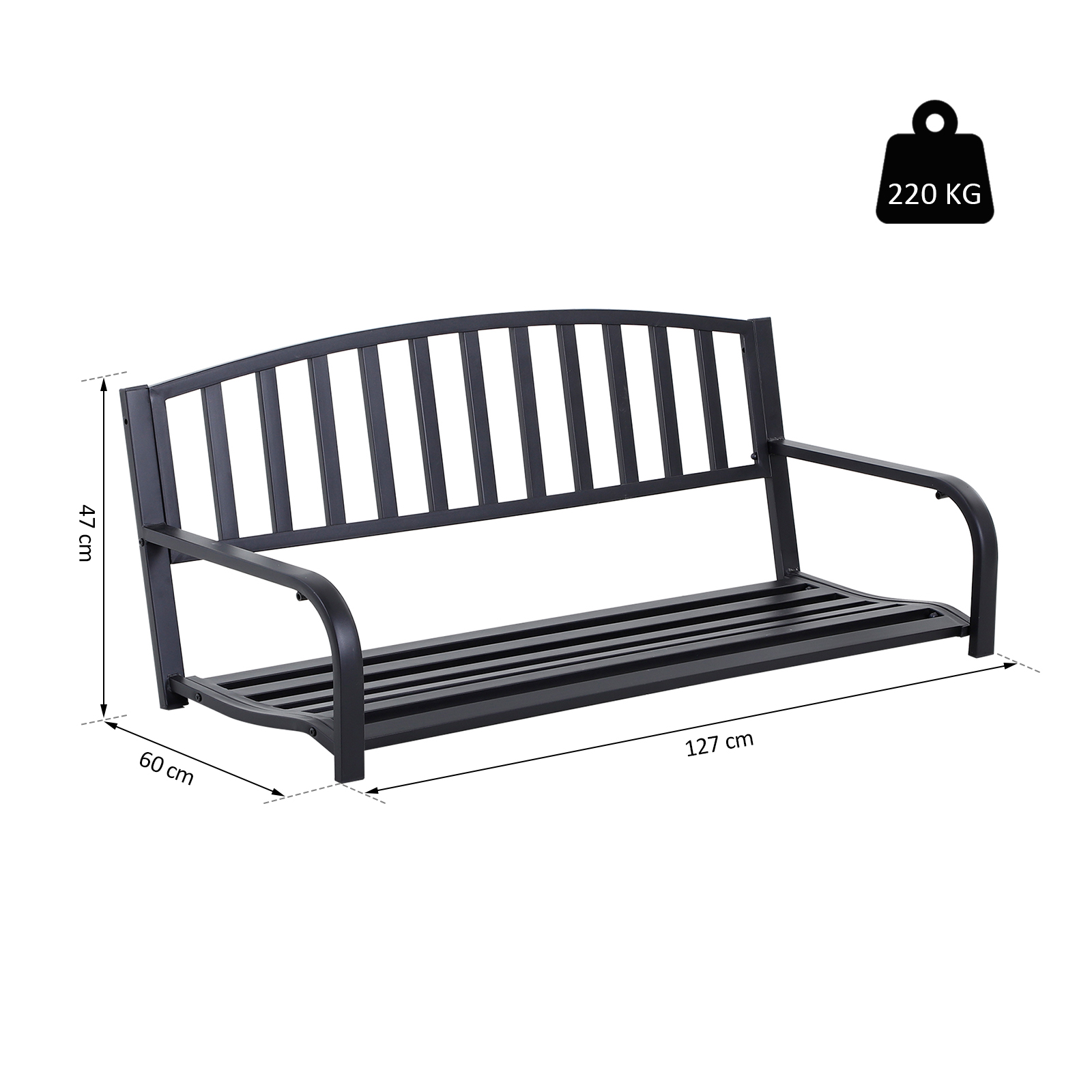 Panca in metallo nero con seduta e schienale a doghe. Dimensioni: 127x60x47 cm. Carico max: 220 kg.
