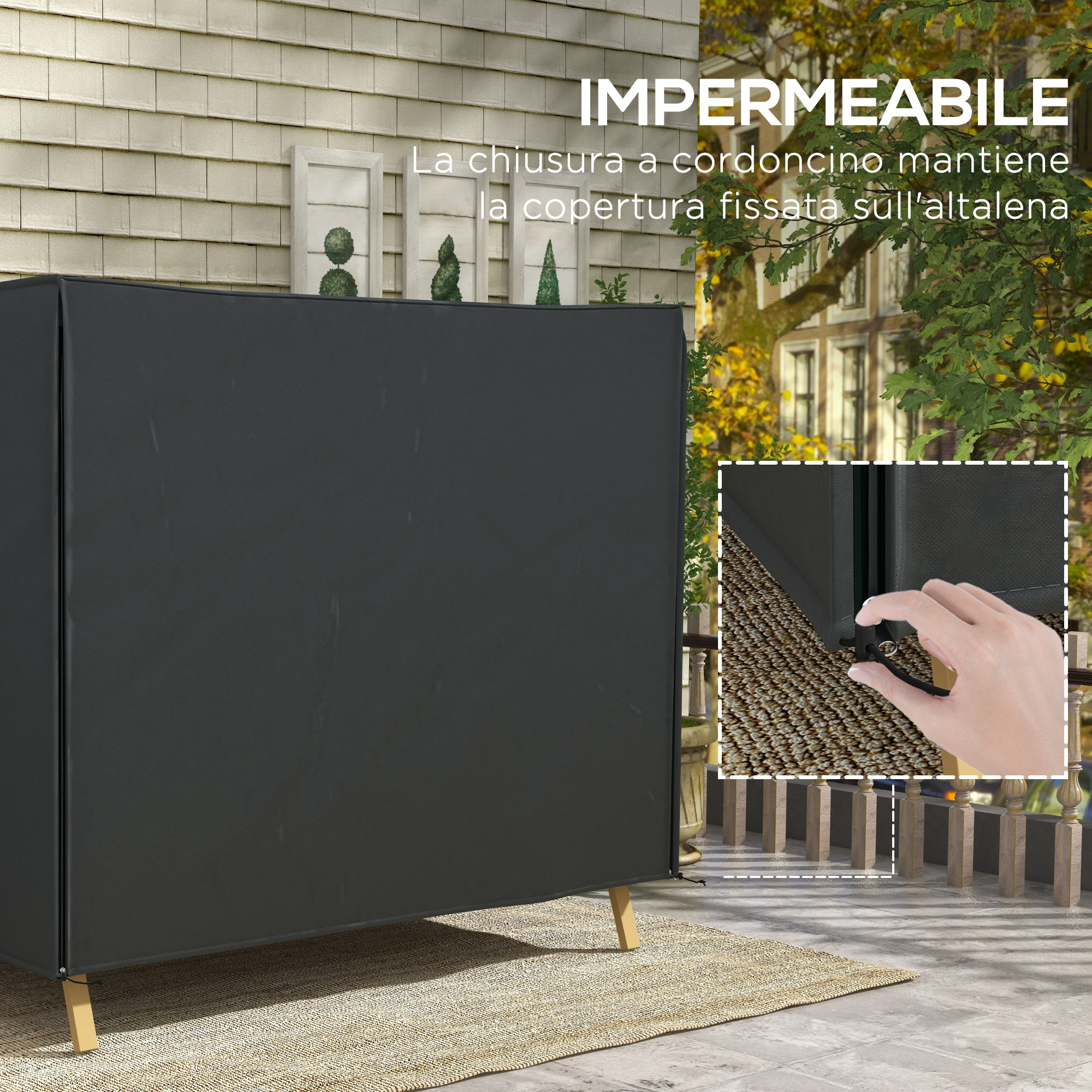 Copertura scura protegge mobili su portico con gambe in legno e ringhiera.