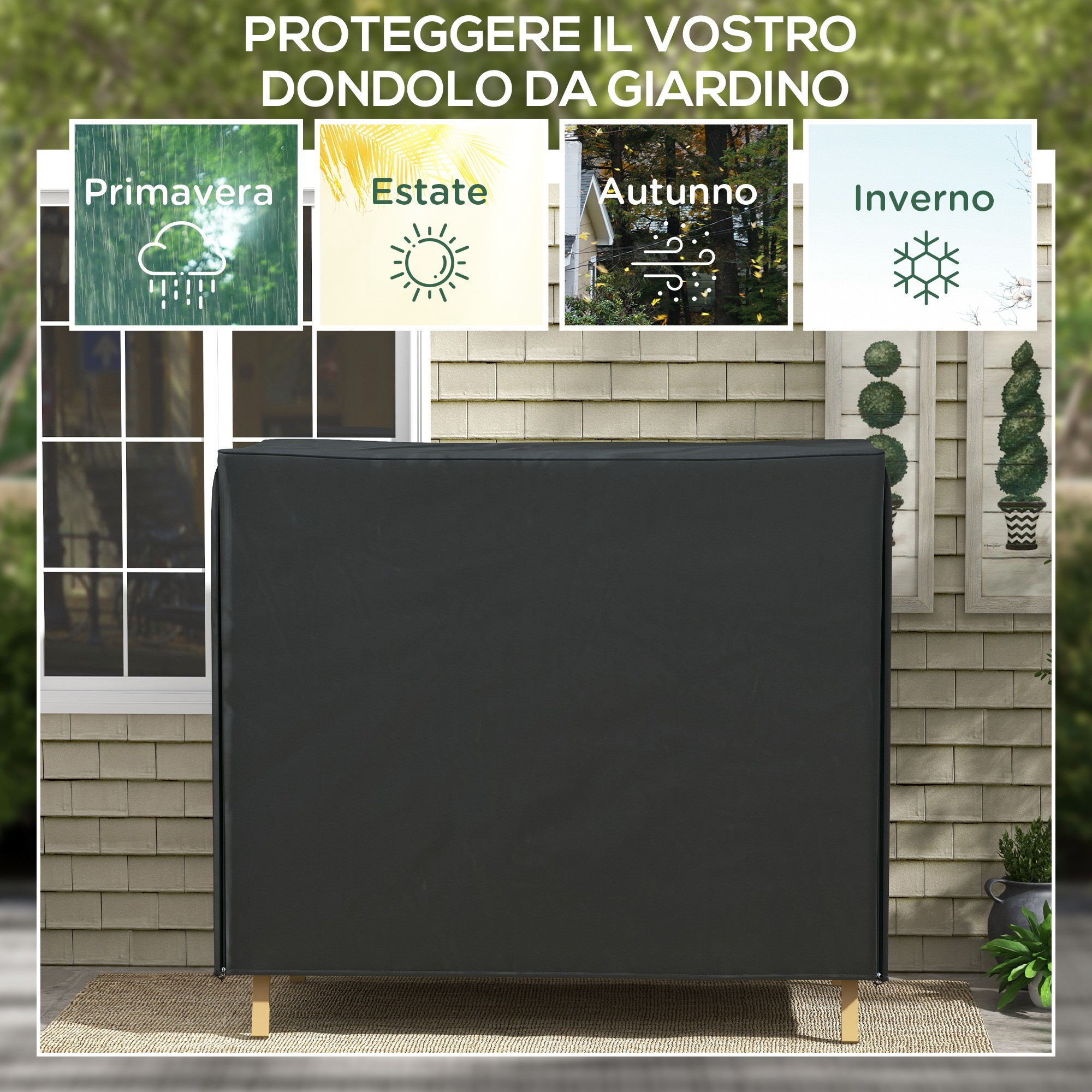 Una copertura nera per mobili da esterno si trova su un tappeto davanti a un muro di casa.