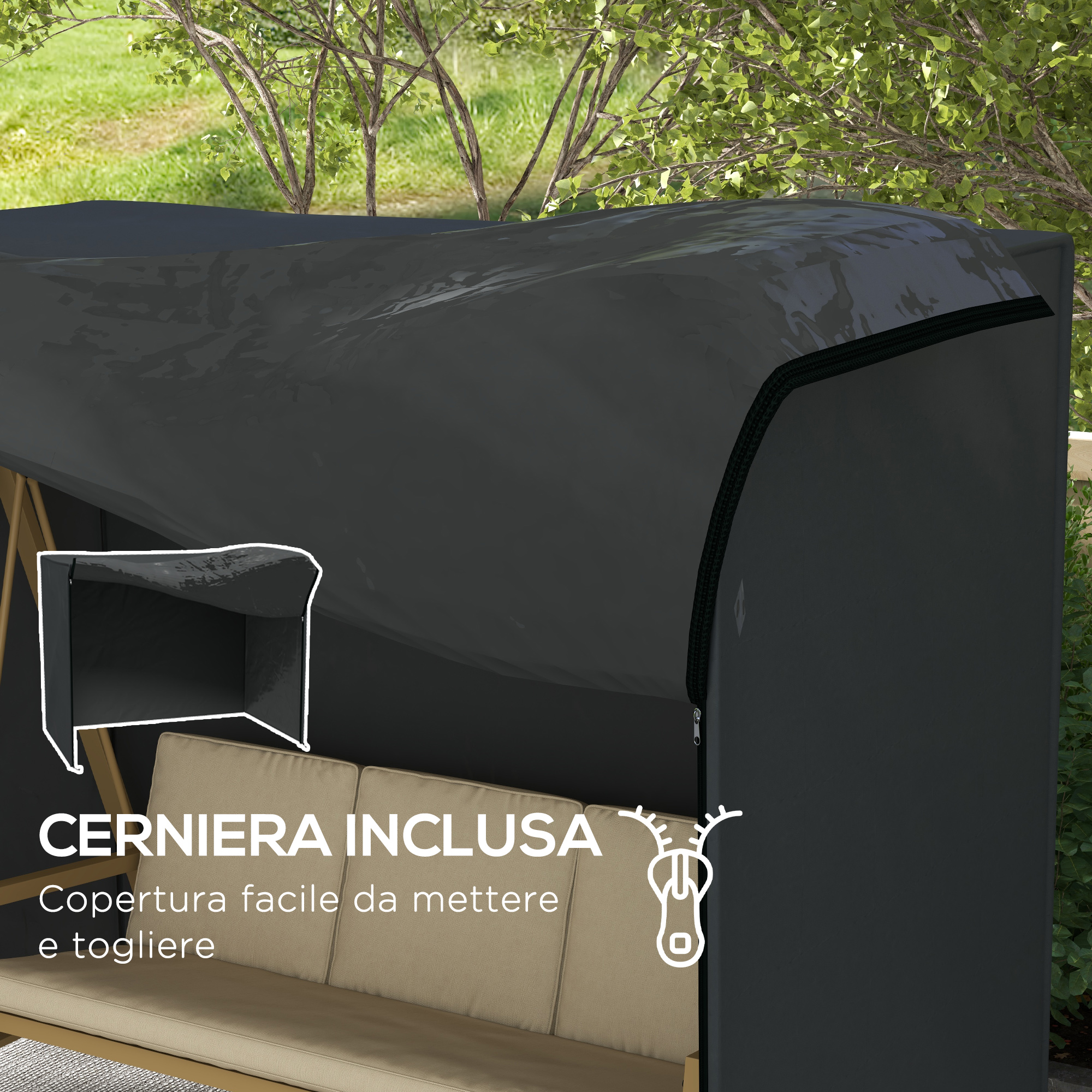 Copertura nera per amaca con cerniera su lettino da esterno beige. Cerniera inclusa.
