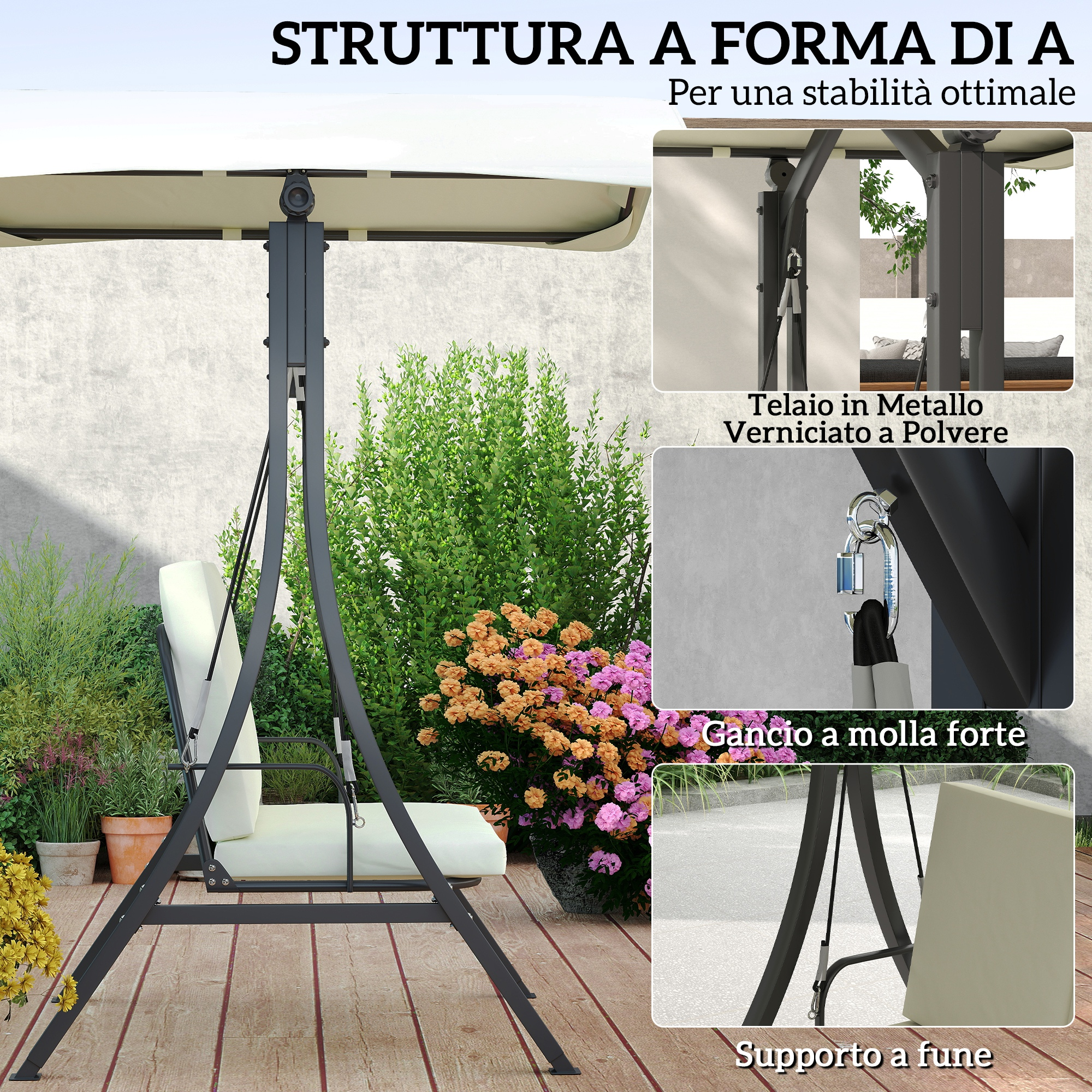 Una dondolo grigio con seduta beige su un terrazzo in legno.