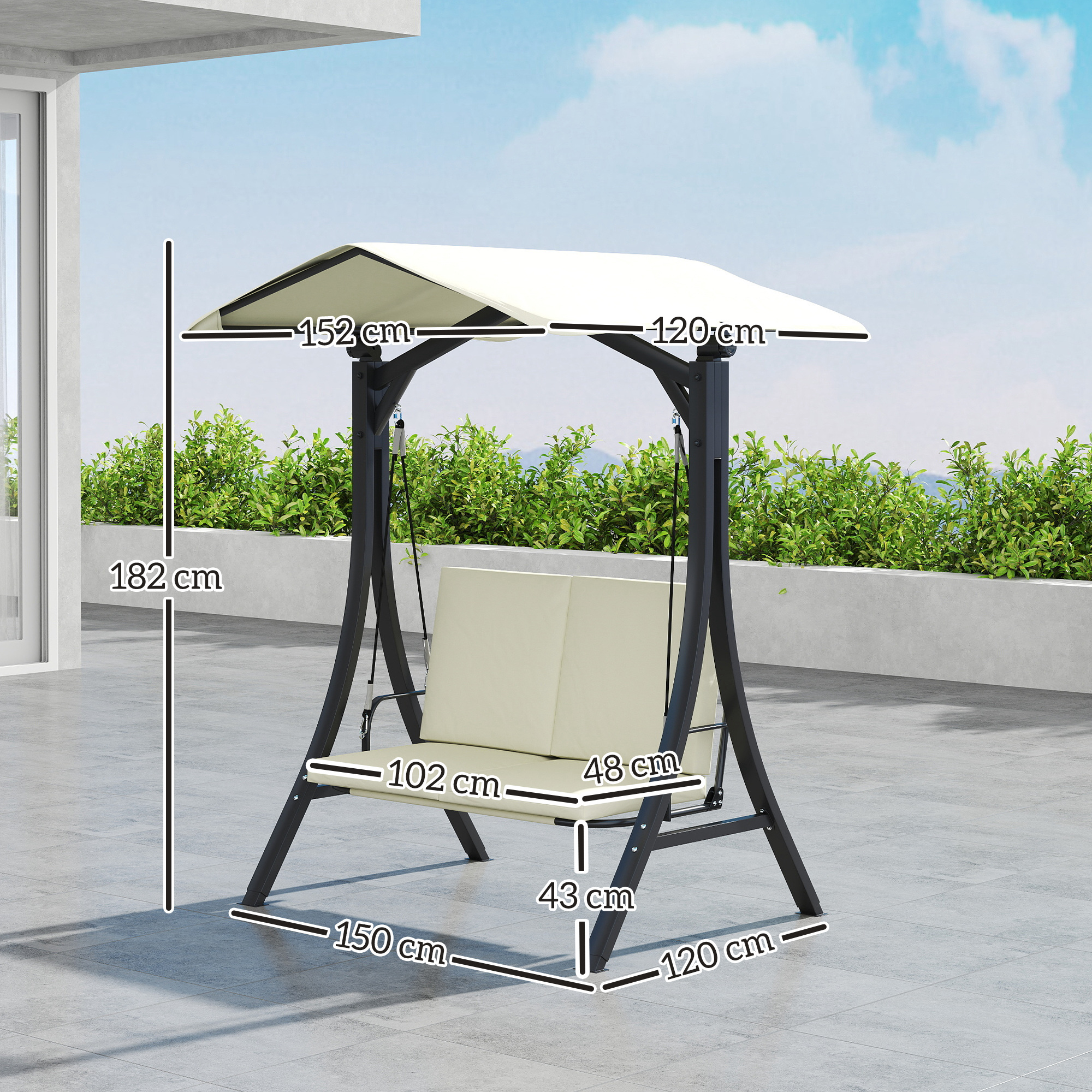 Un'altalena da giardino color crema con telaio in metallo nero e tettuccio.