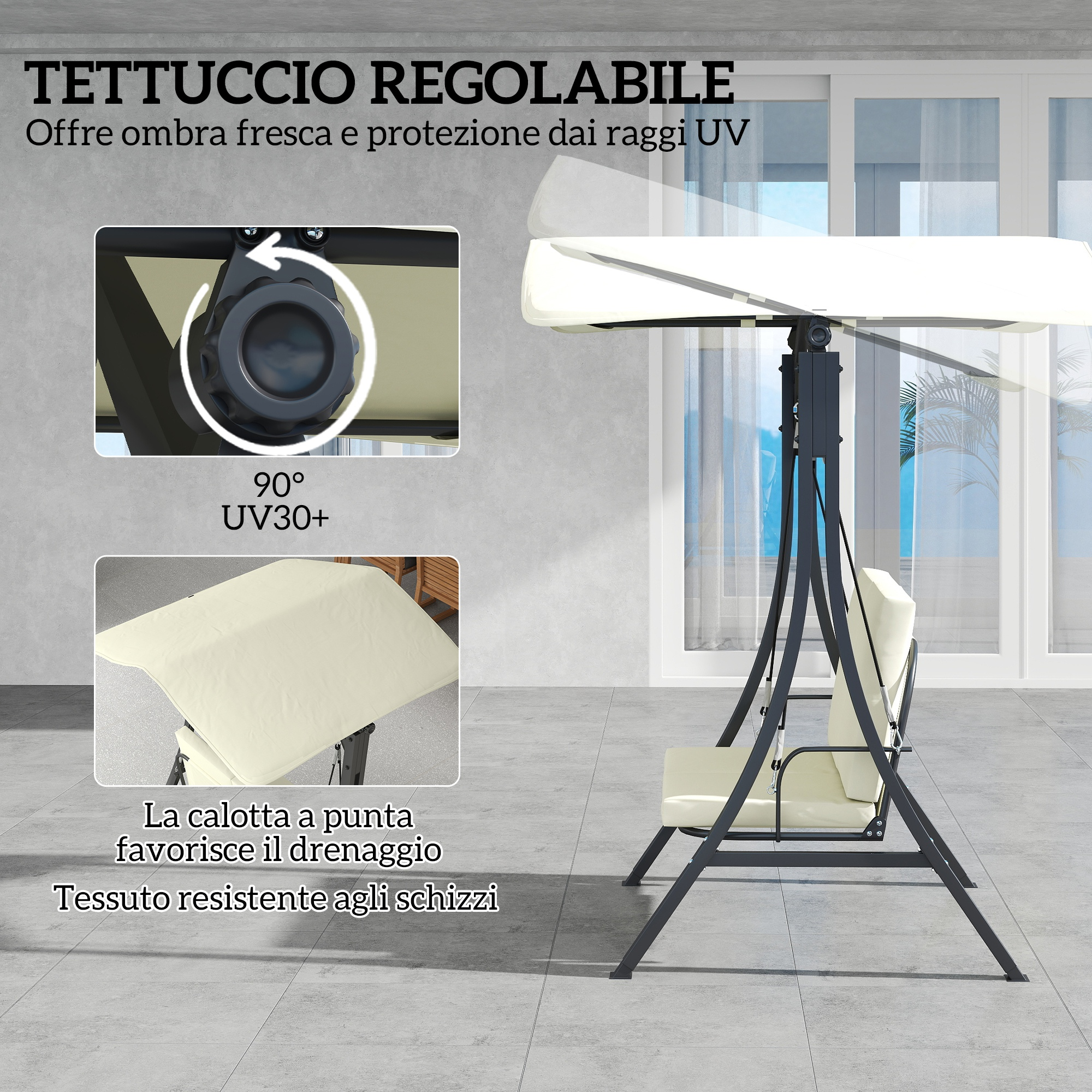 Una tettoia regolabile per un'altalena con cuscini color crema.