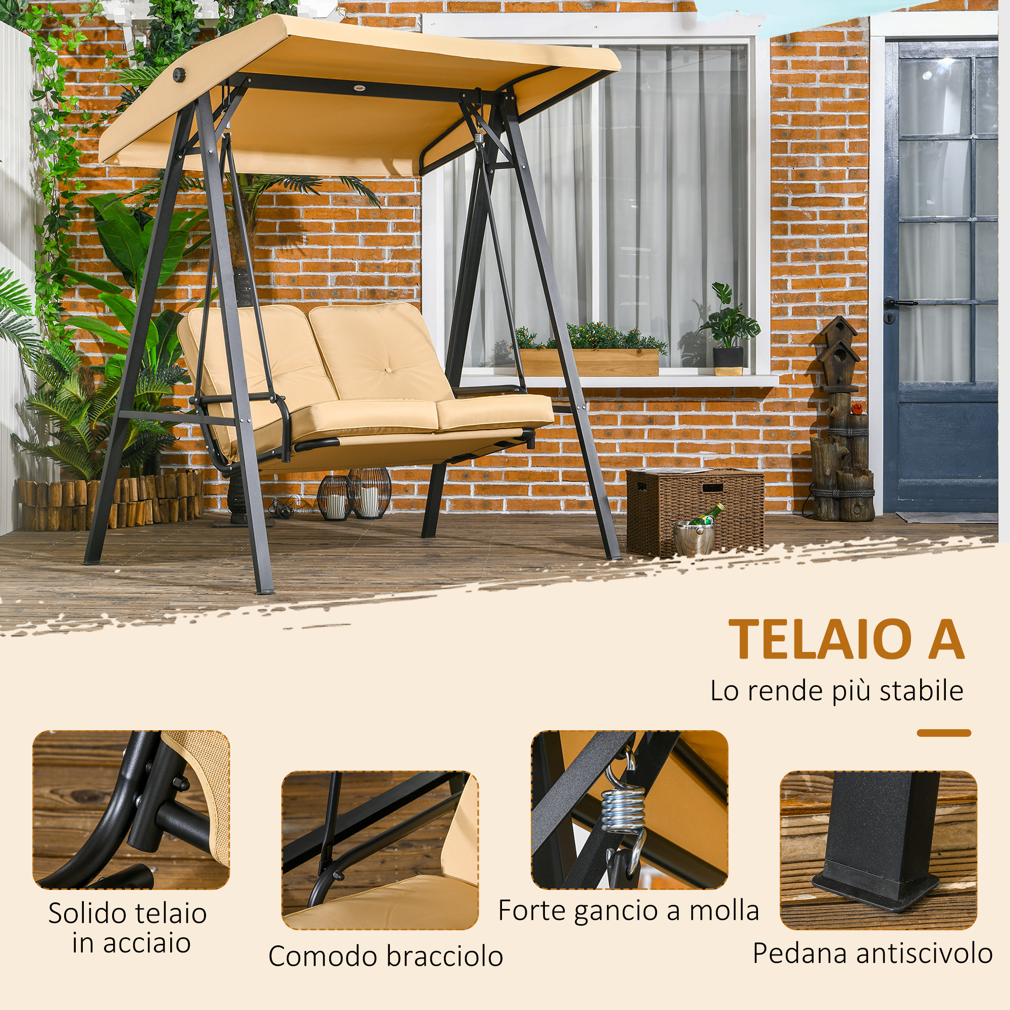 Una sedia a dondolo beige con telaio in metallo si trova su un ponte di legno di fronte a un muro di mattoni.