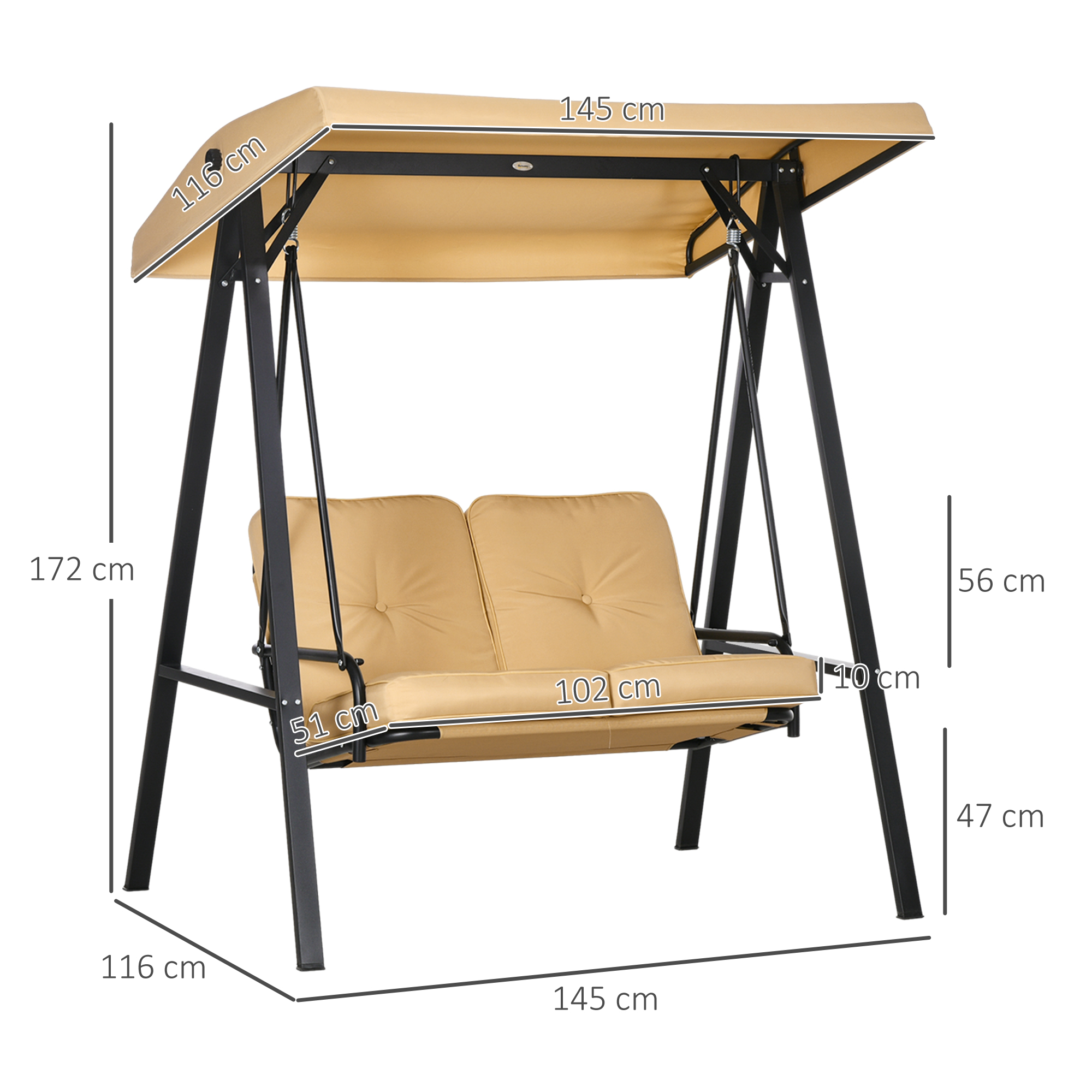 Sedile a dondolo beige con telaio in metallo, dimensioni indicate.