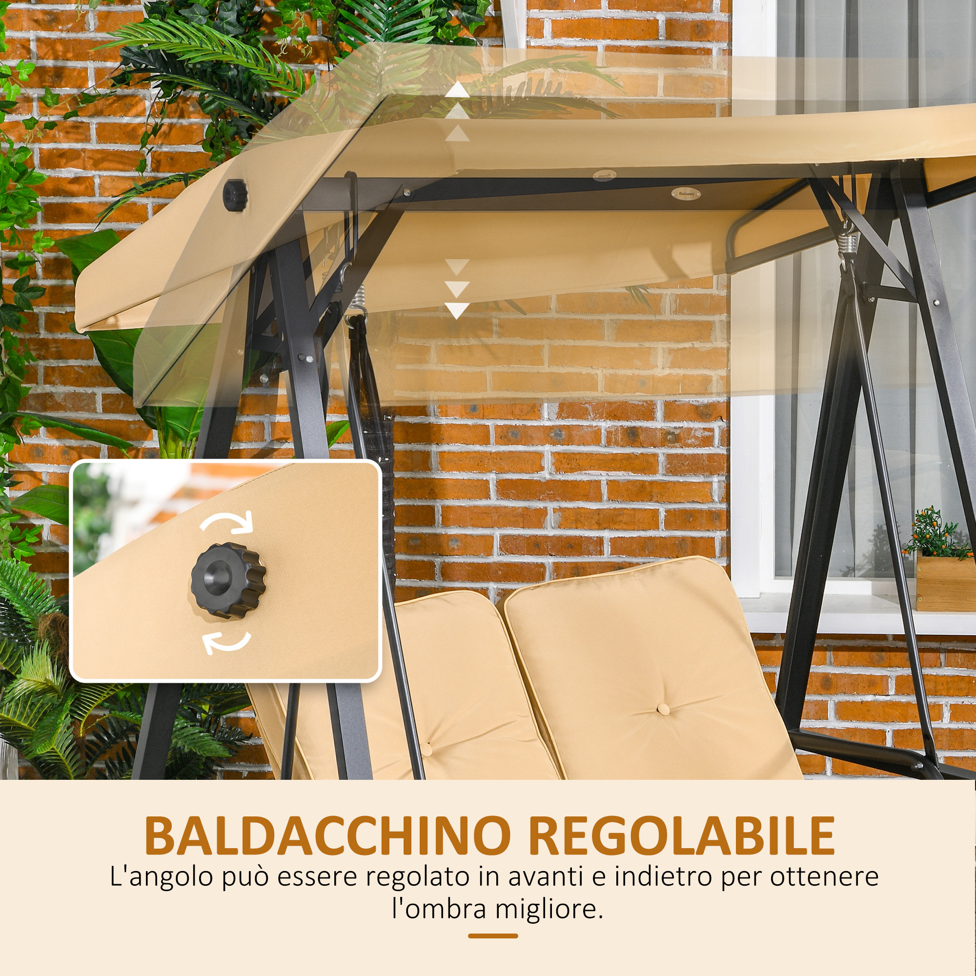 Tendalino regolabile su un'altalena con muro di mattoni e vegetazione. Dettaglio manopola.
