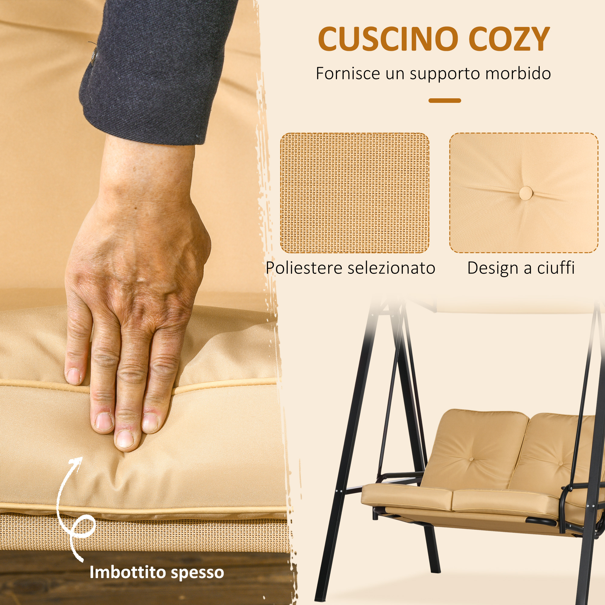 Una mano preme un spesso cuscino beige. Si vede un sedile a dondolo.