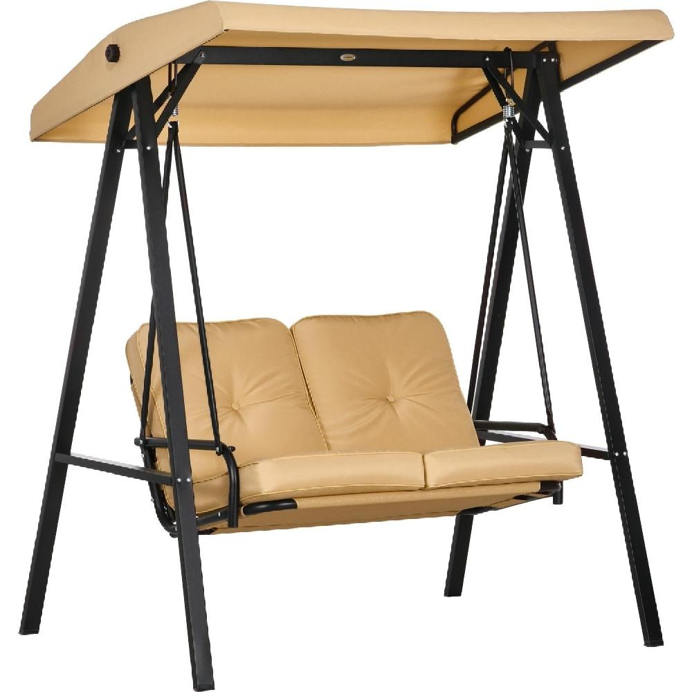 Altalena da giardino a due posti con cappottina e cuscini beige su telaio nero.