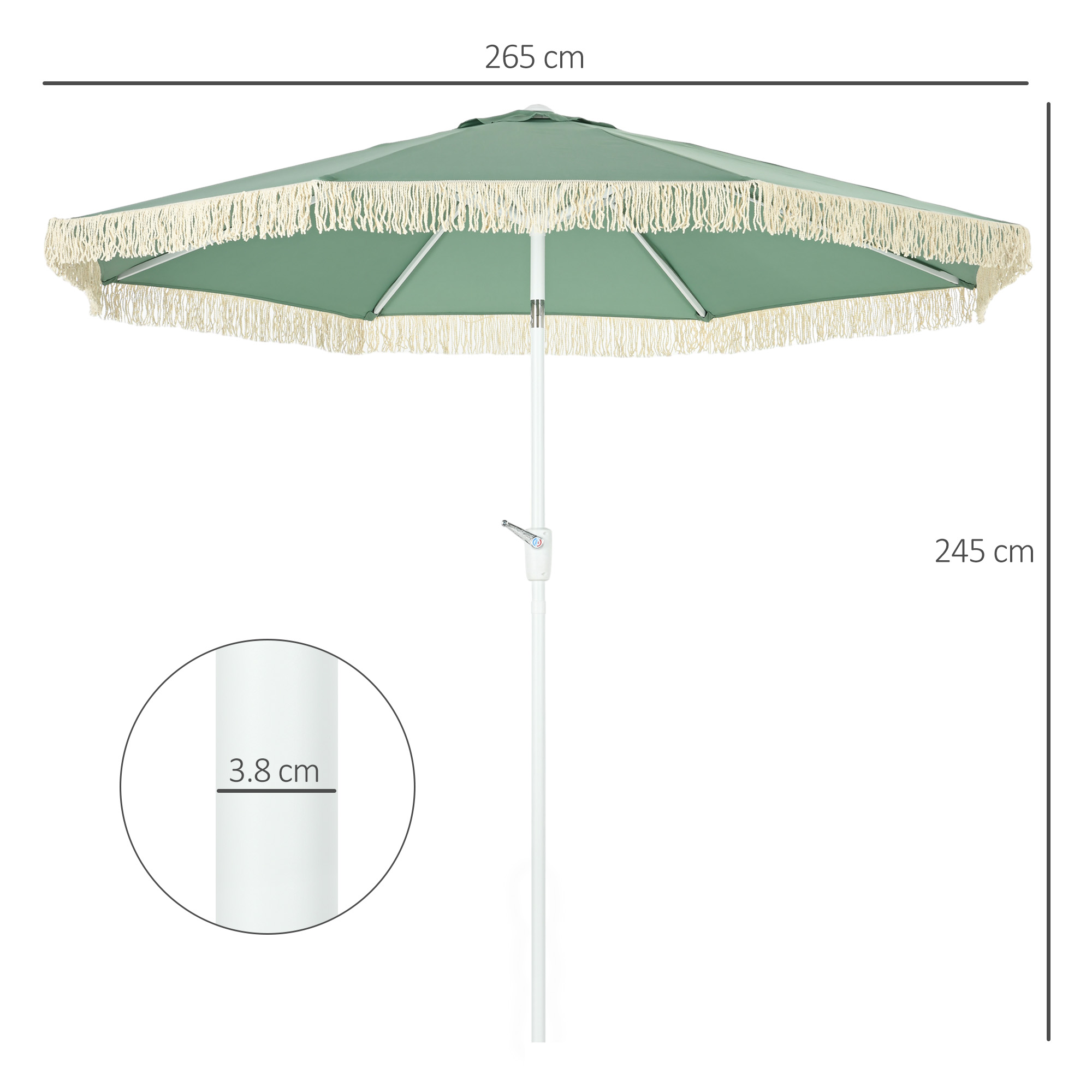 Un ombrellone verde con frange, largo 265 cm e alto 245 cm.