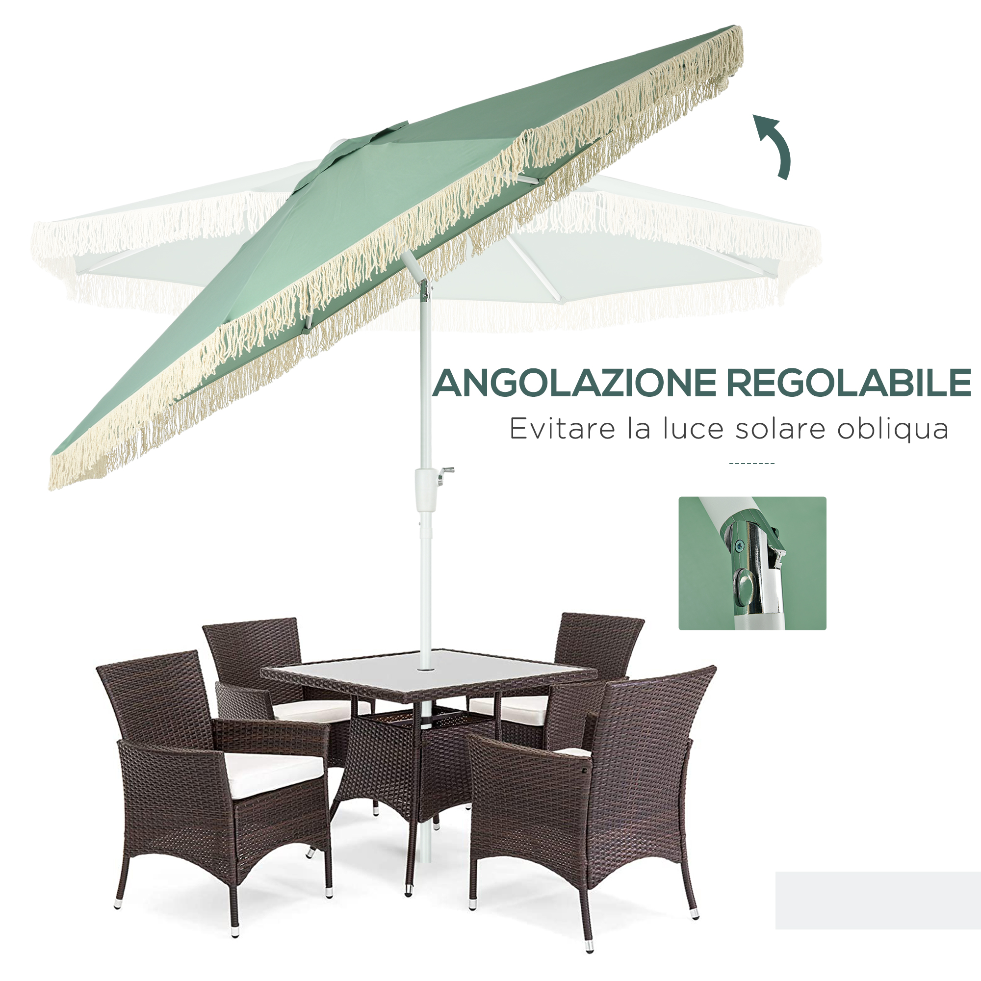 Tavolo da esterno con quattro sedie in rattan e ombrellone verde con frange.