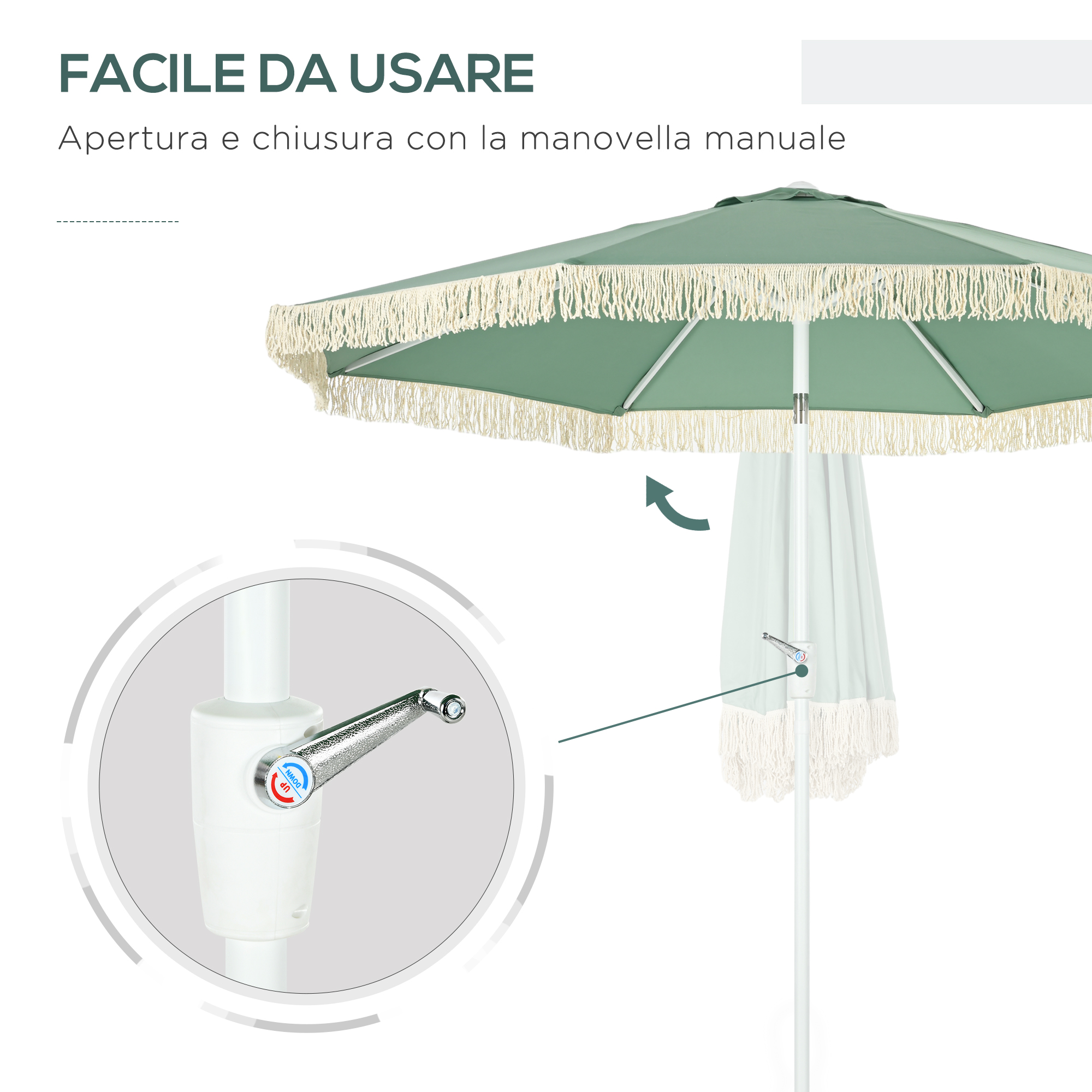 Un ombrellone verde con frange e una manovella per aprirlo e chiuderlo.
