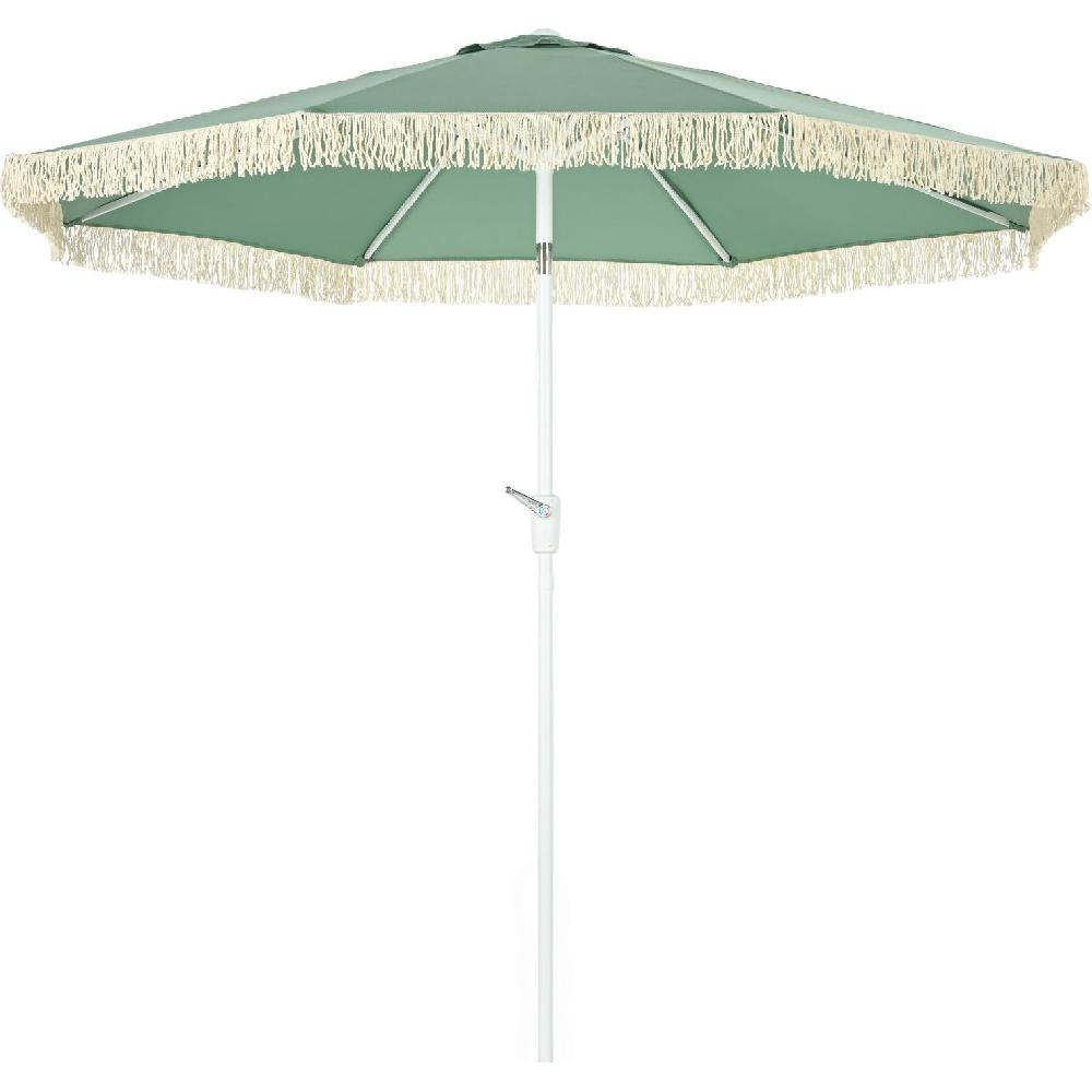 Un parasole verde con frange sul bordo e un palo bianco.