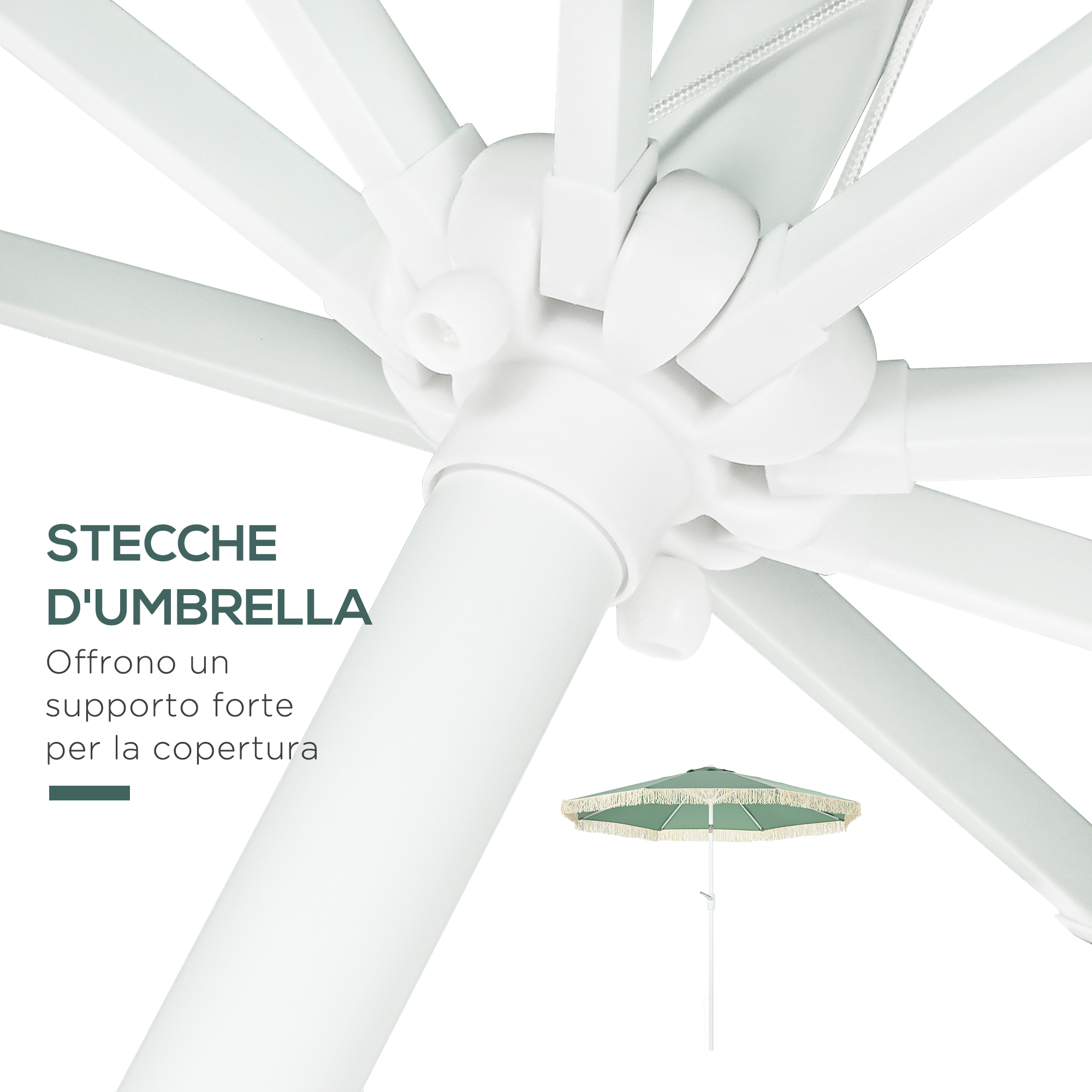 Un ombrellone verde con frange e un supporto bianco.