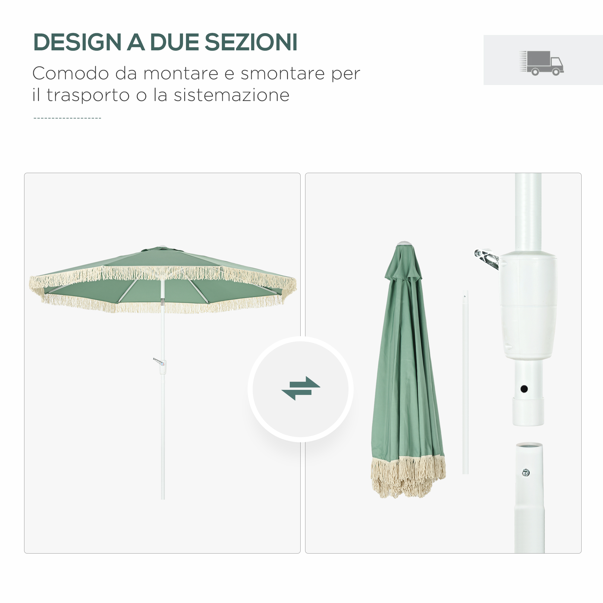 Un ombrellone verde con frange, aperto e chiuso, con pali. Icone incluse.