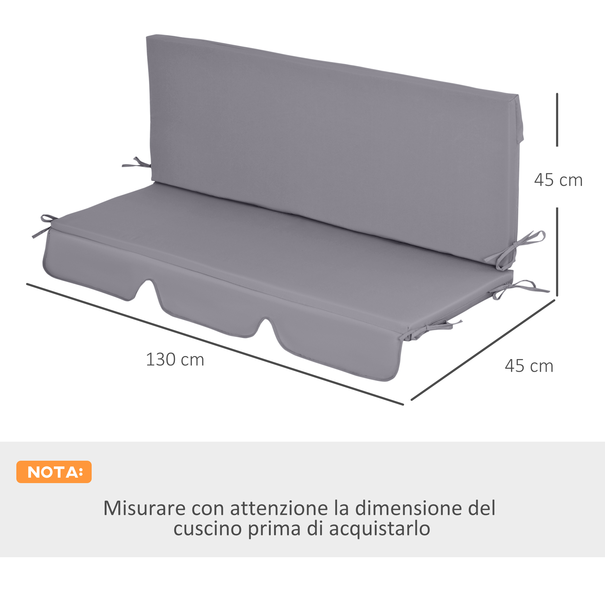 Cuscino grigio a due posti, 130x45x45 cm, con lacci.