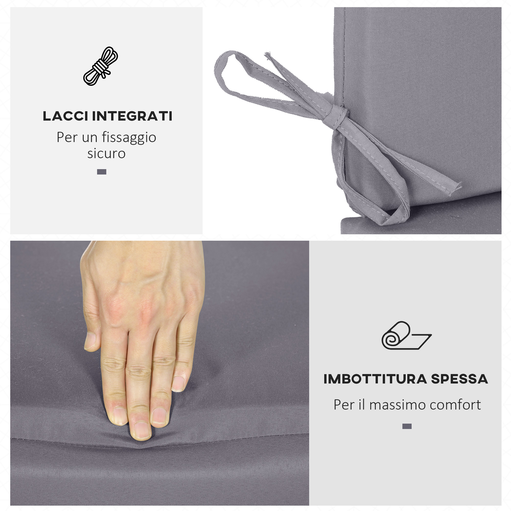 Cuscino grigio con lacci integrati per fissaggio sicuro e imbottitura spessa.