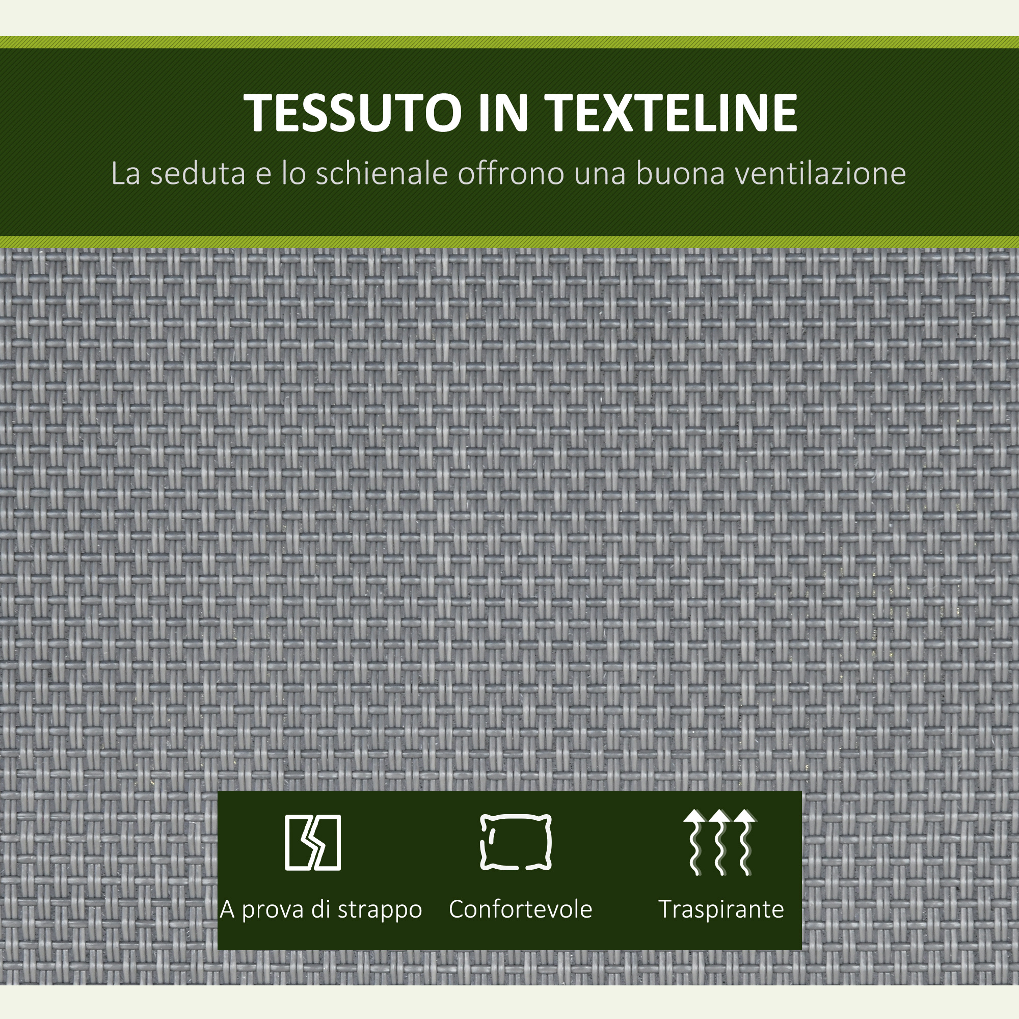 Tessuto in textilene grigio con motivo intrecciato di fibre incrociate.