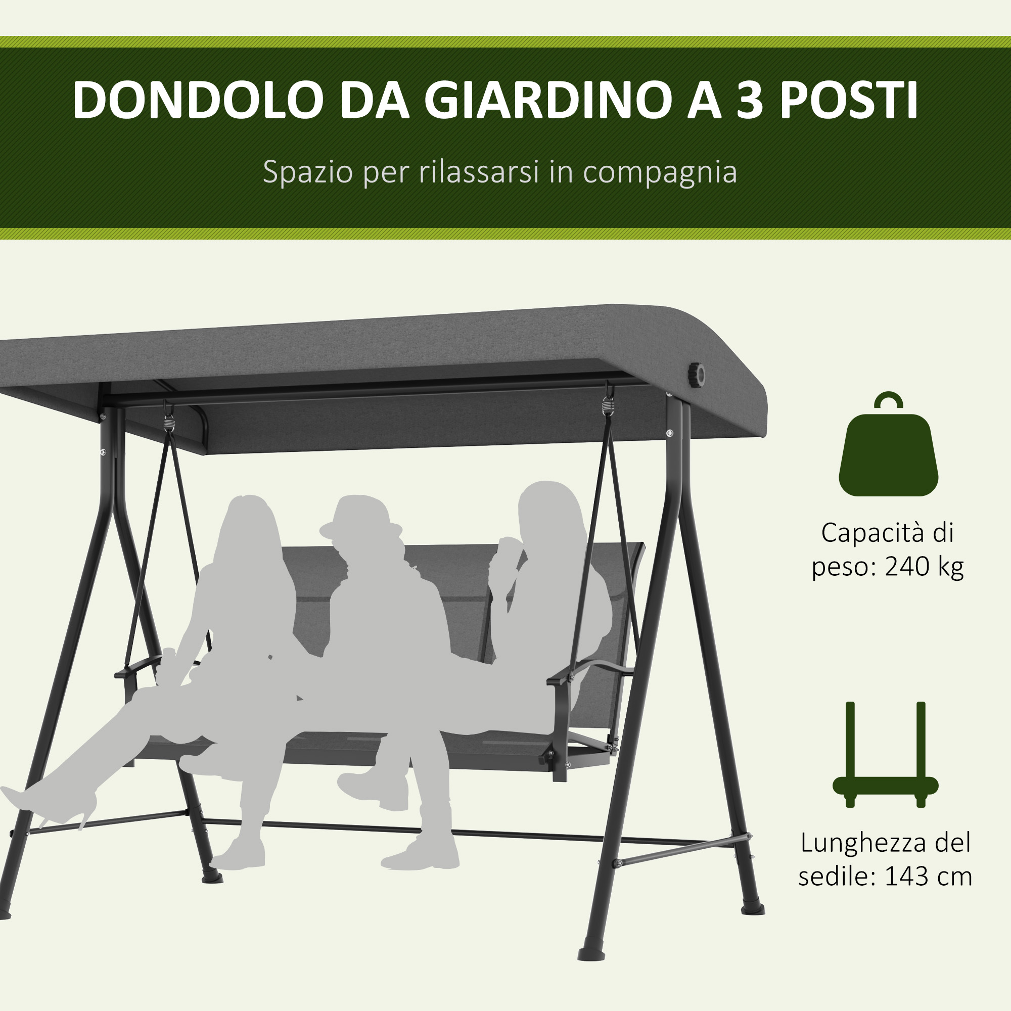Un'altalena da giardino nera a 3 posti con silhouette grigie di tre persone.