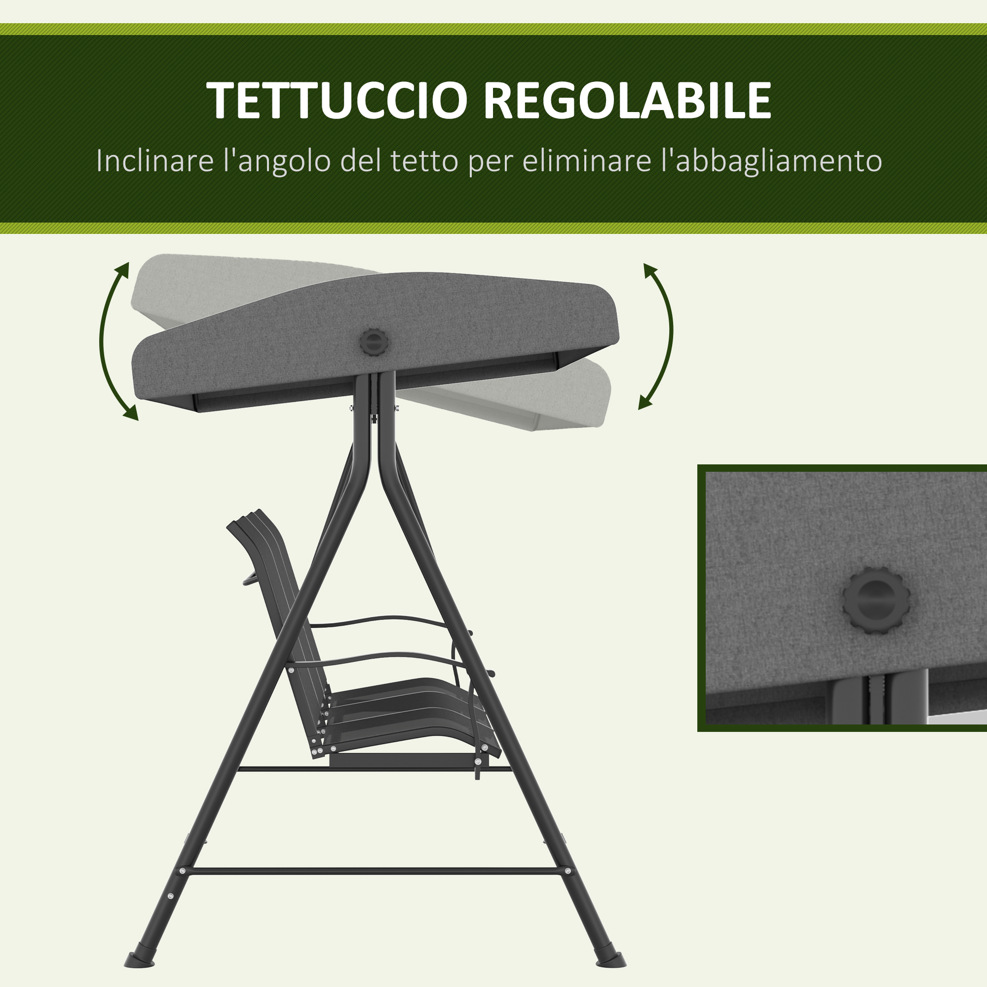 Tendalino regolabile su un'altalena con telaio in metallo nero.