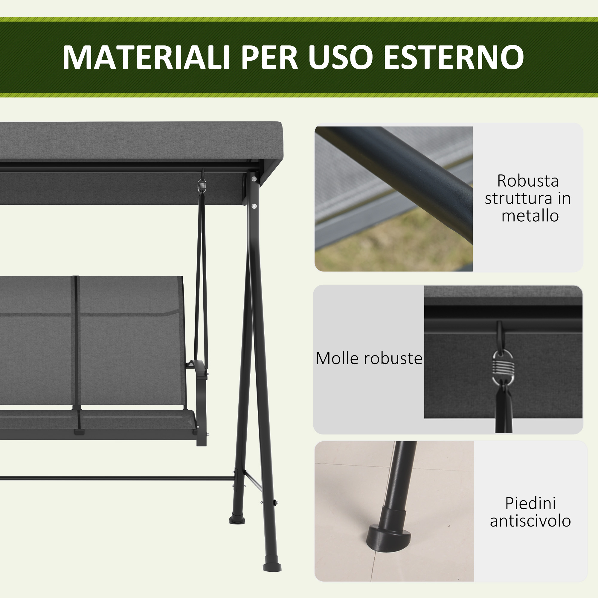Altalena da esterno con struttura in metallo, molle robuste e piedini antiscivolo.
