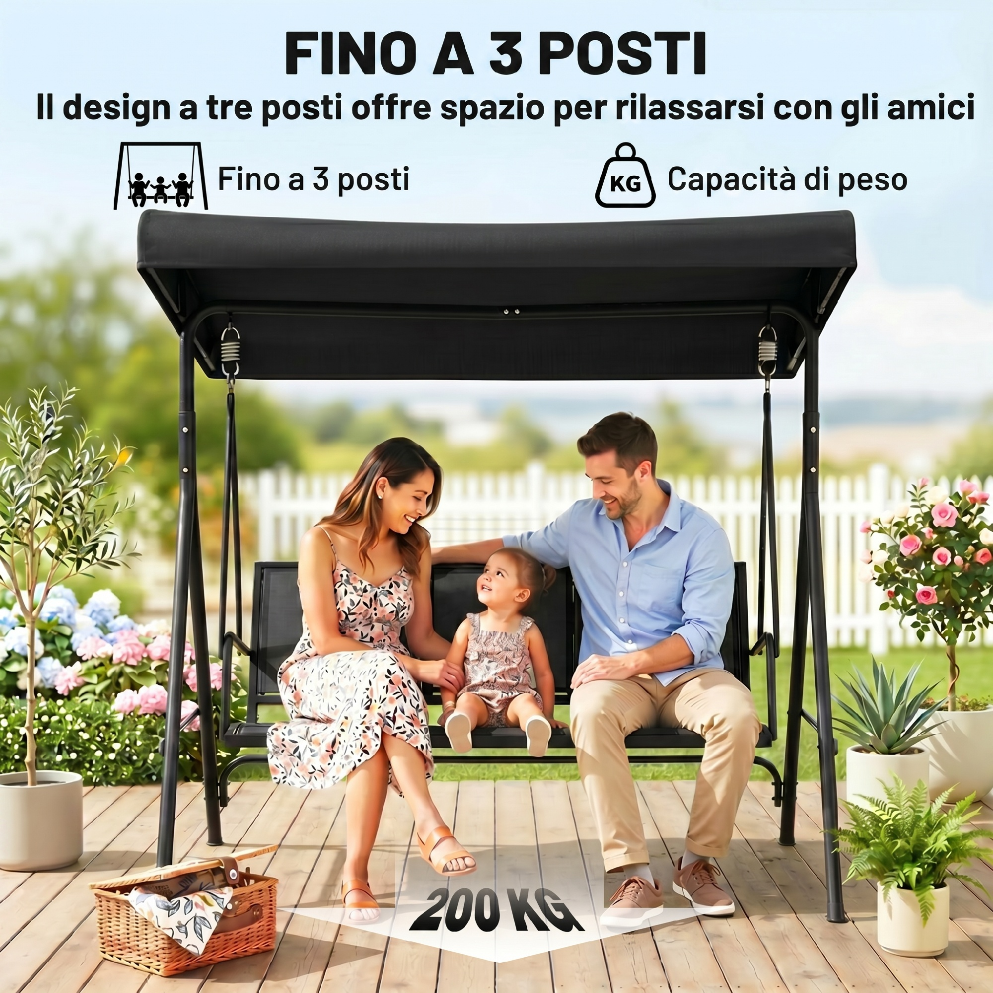 Una famiglia seduta su un'altalena da giardino nera. Capacità 200 kg.