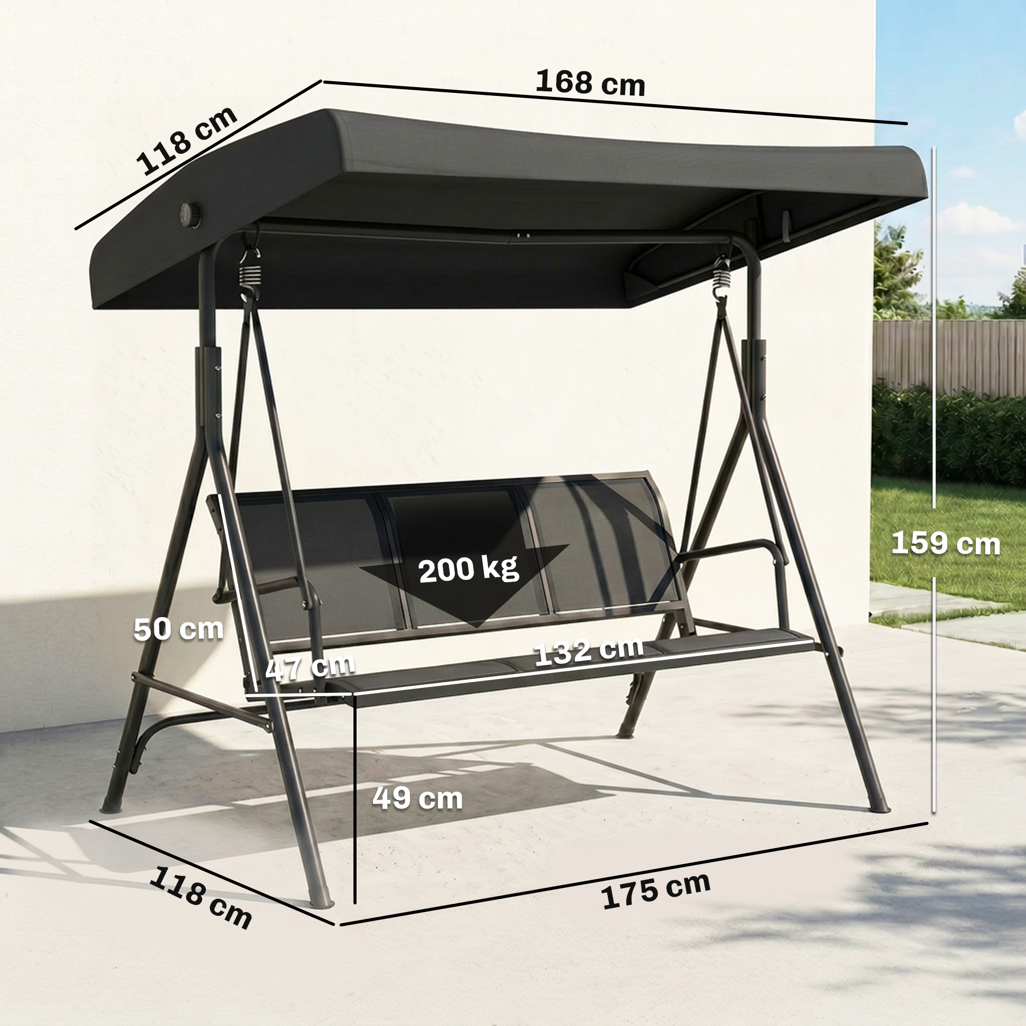Panca a dondolo nera con dimensioni, larga 168 cm, alta 159 cm.