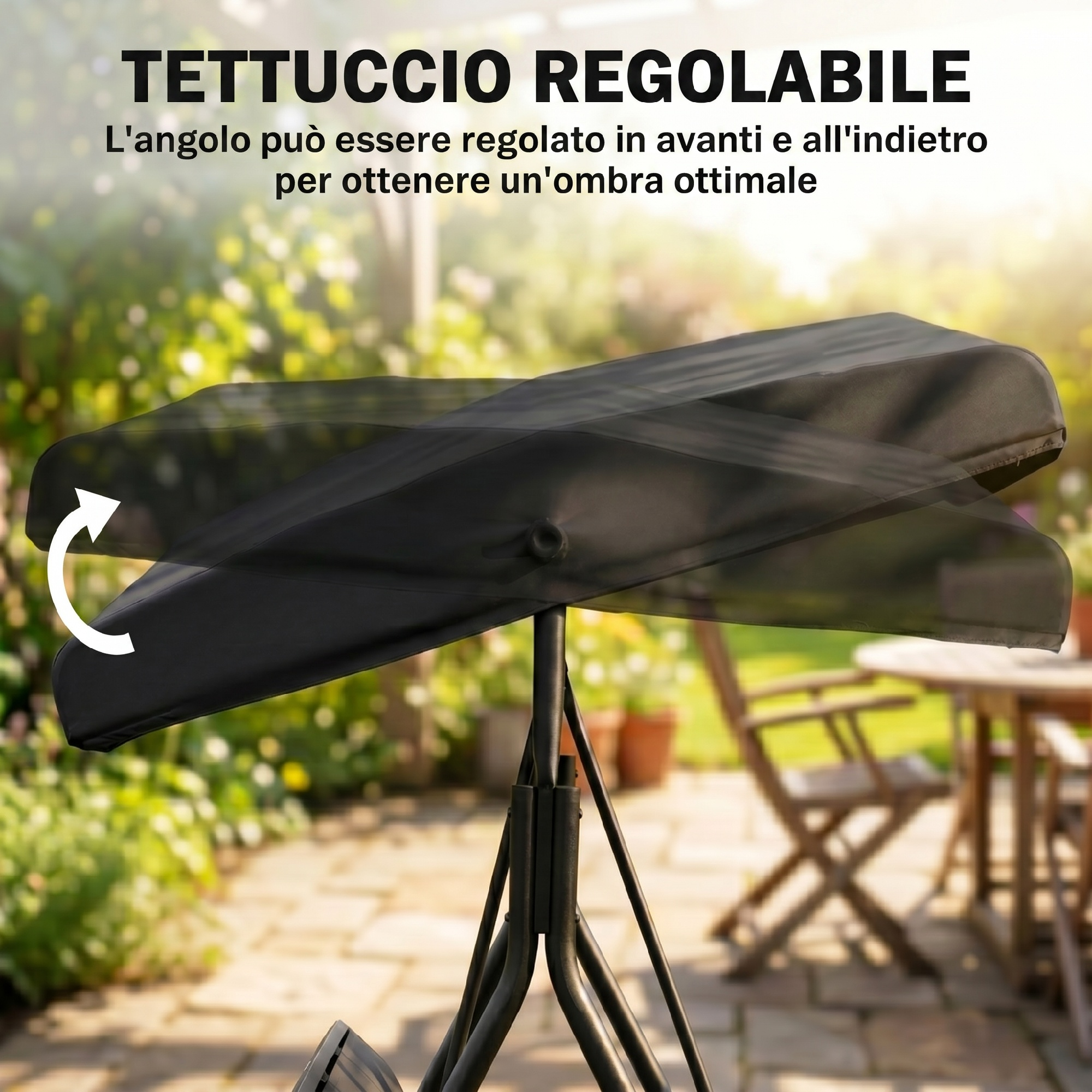 Tettuccio regolabile su una struttura, in un giardino con mobili.