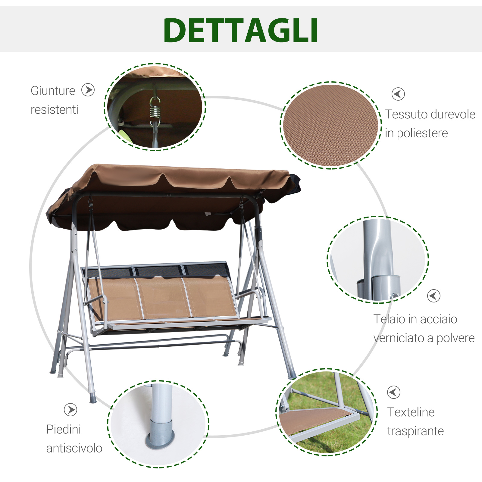 Altalena da giardino con tettuccio e seduta marroni, mostra dettagli tessuto e telaio.