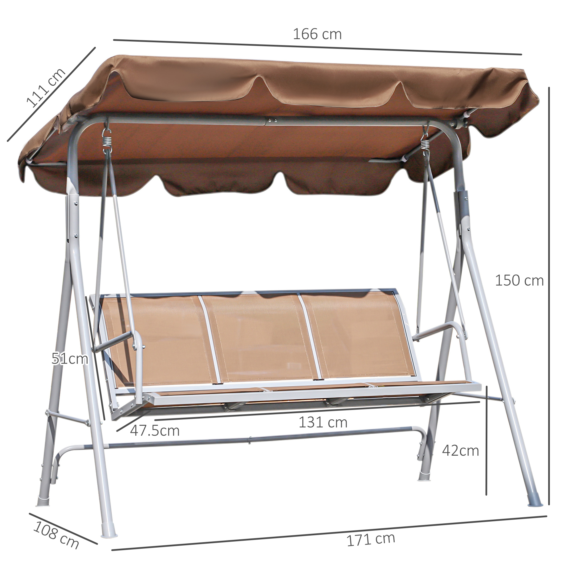 Altalena da giardino marrone con telaio in metallo e dimensioni.
